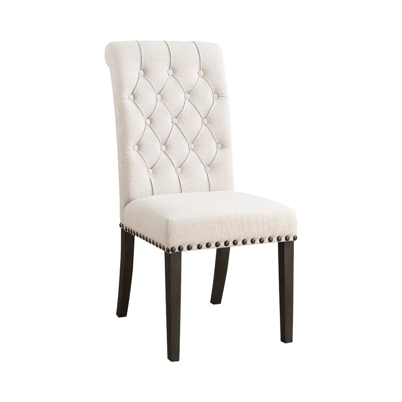 High-Back Beige Linen Upholstered Side Chair with Tufted Detail