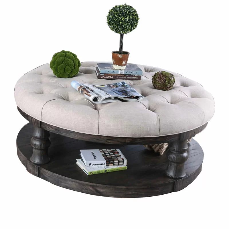 Rustic Elegance 48" Round Tufted Wooden Coffee Table with Open Shelf