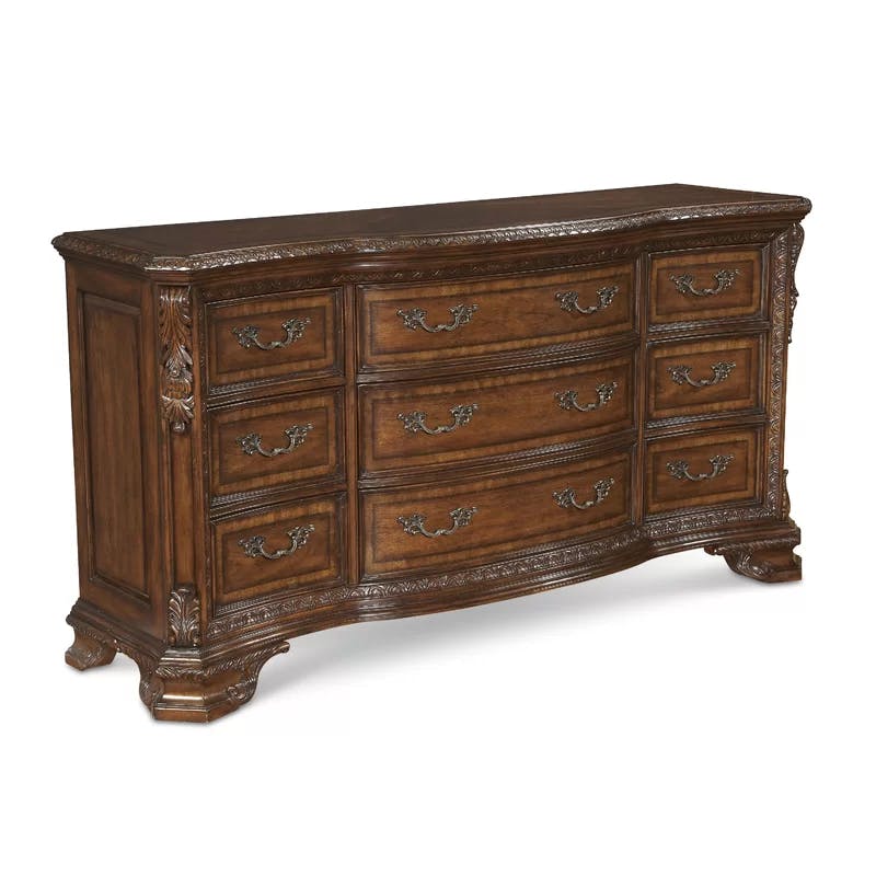 Old World Sunburst 73'' Traditional Brown Wood Dresser with 9 Drawers