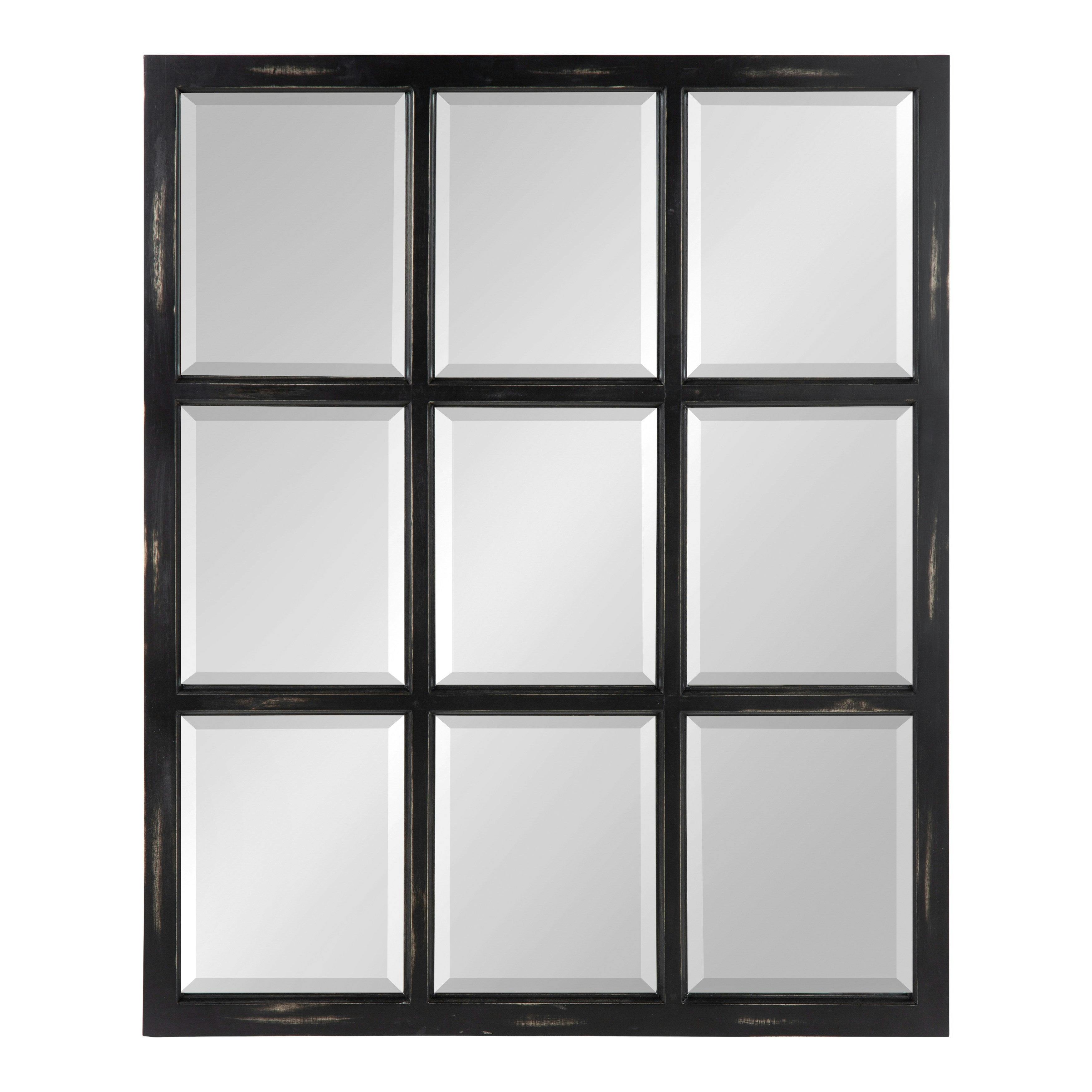 Distressed Black Wood 9-Pane Windowpane Wall Mirror 26x32