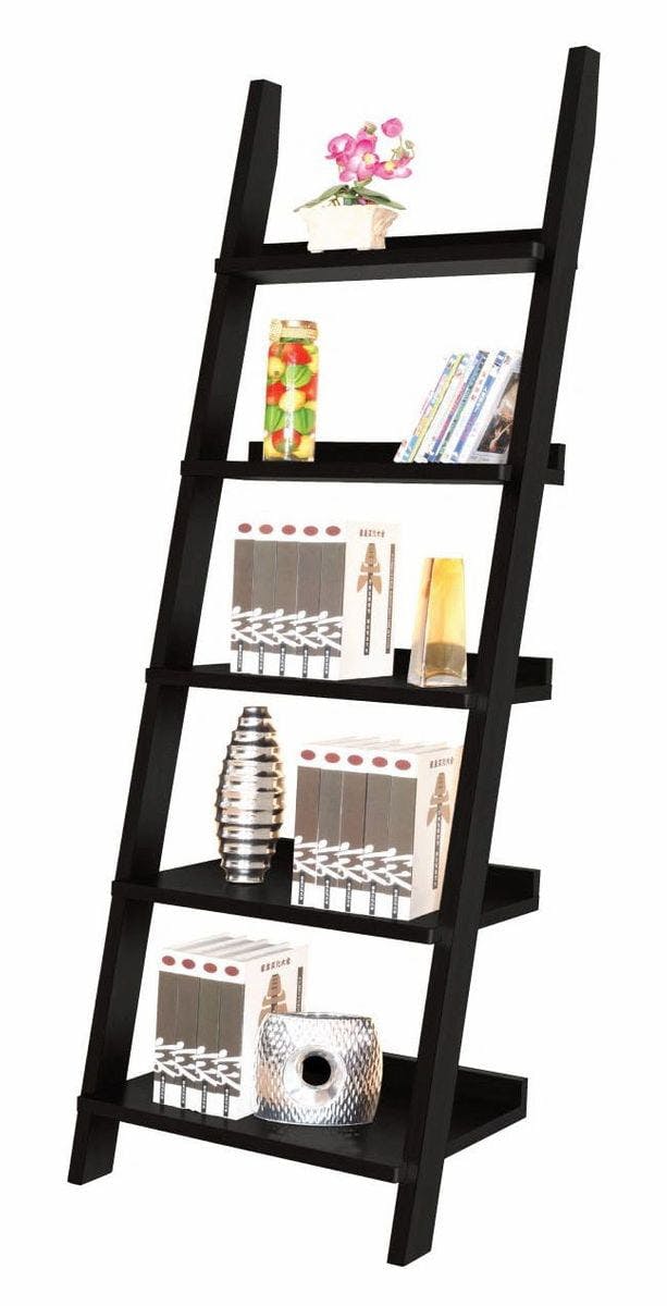 Contemporary Black Wood 5-Tier Ladder Bookcase