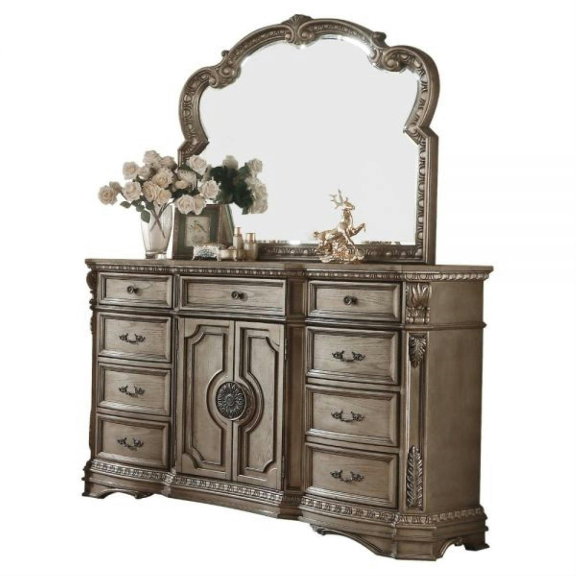 Elegant Gray 69'' Dresser with Dovetail Drawers and Carved Details