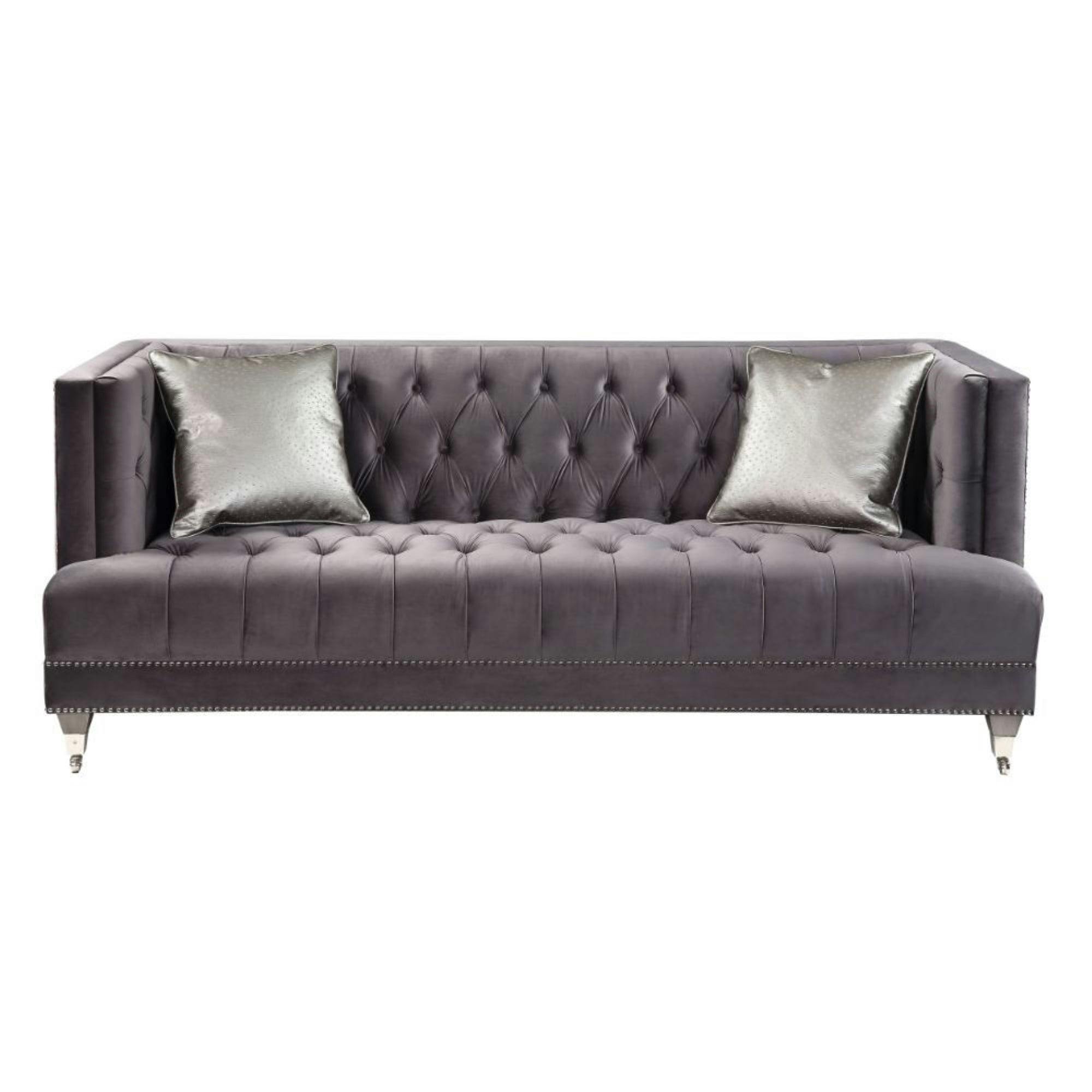 Chic Gray Velvet Chesterfield Sofa with Nailhead Trim and Tufted Accents