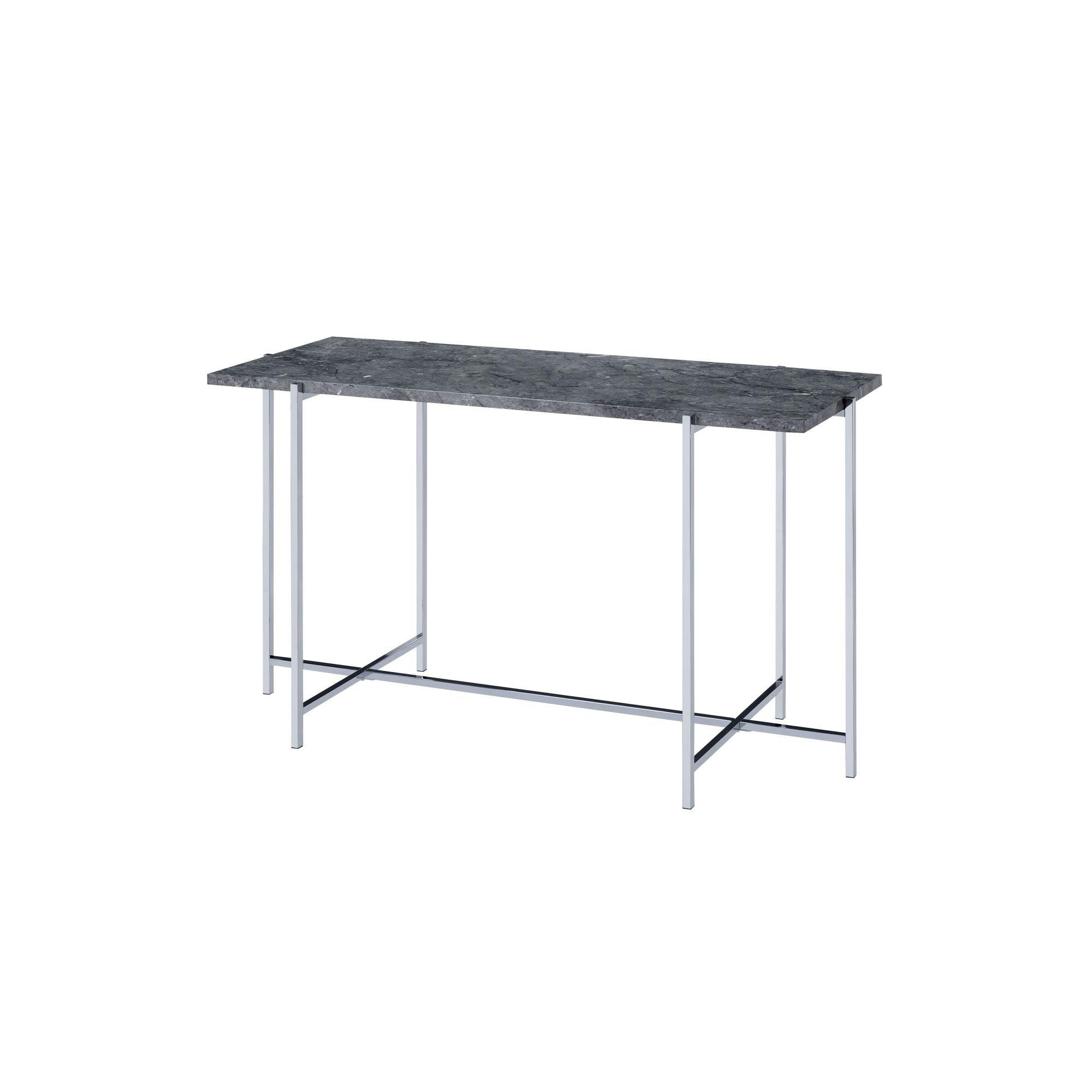 Contemporary Gray Faux Marble Sofa Table with Silver Trestle Base