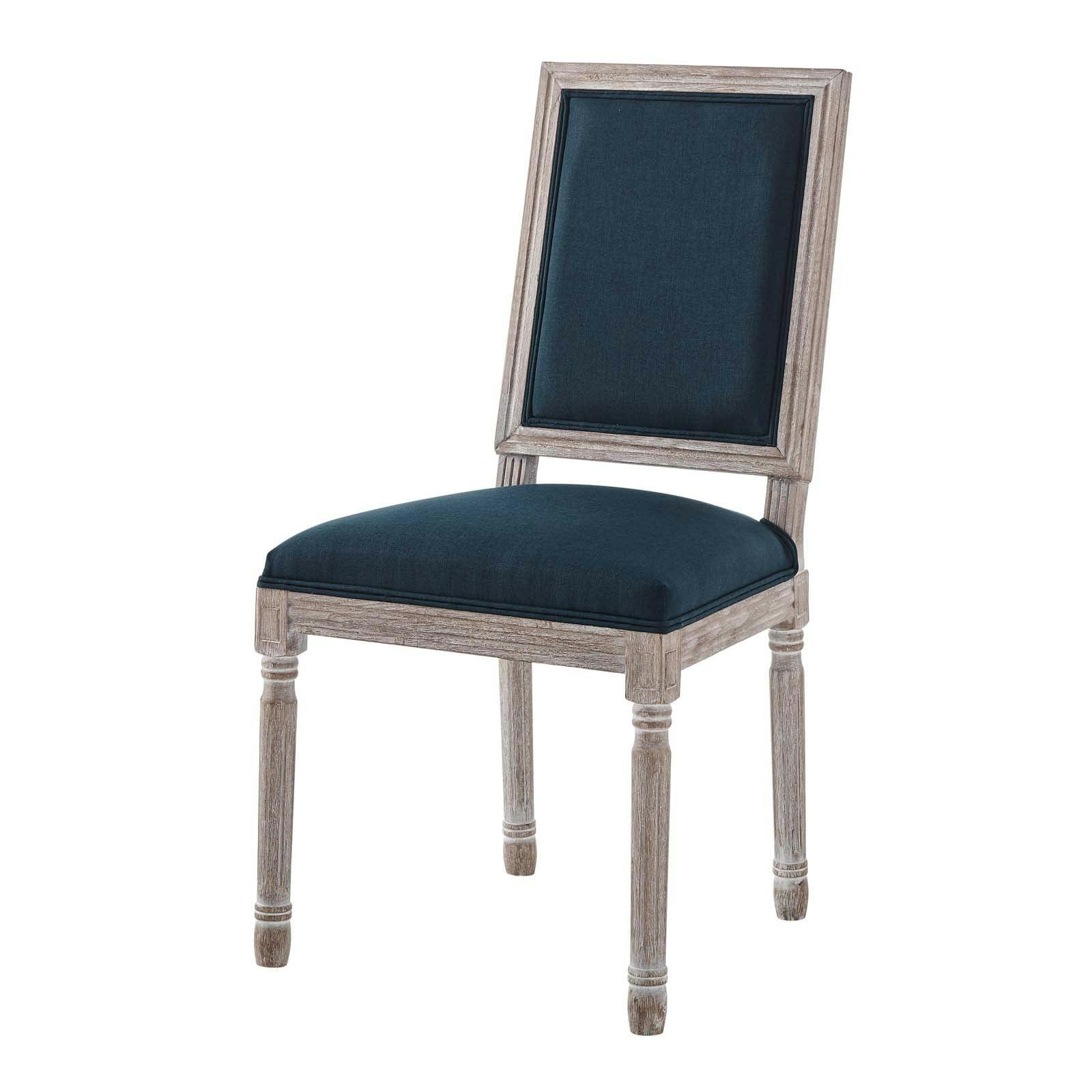 Vintage French Natural Blue Leather & Wood Upholstered Side Chair