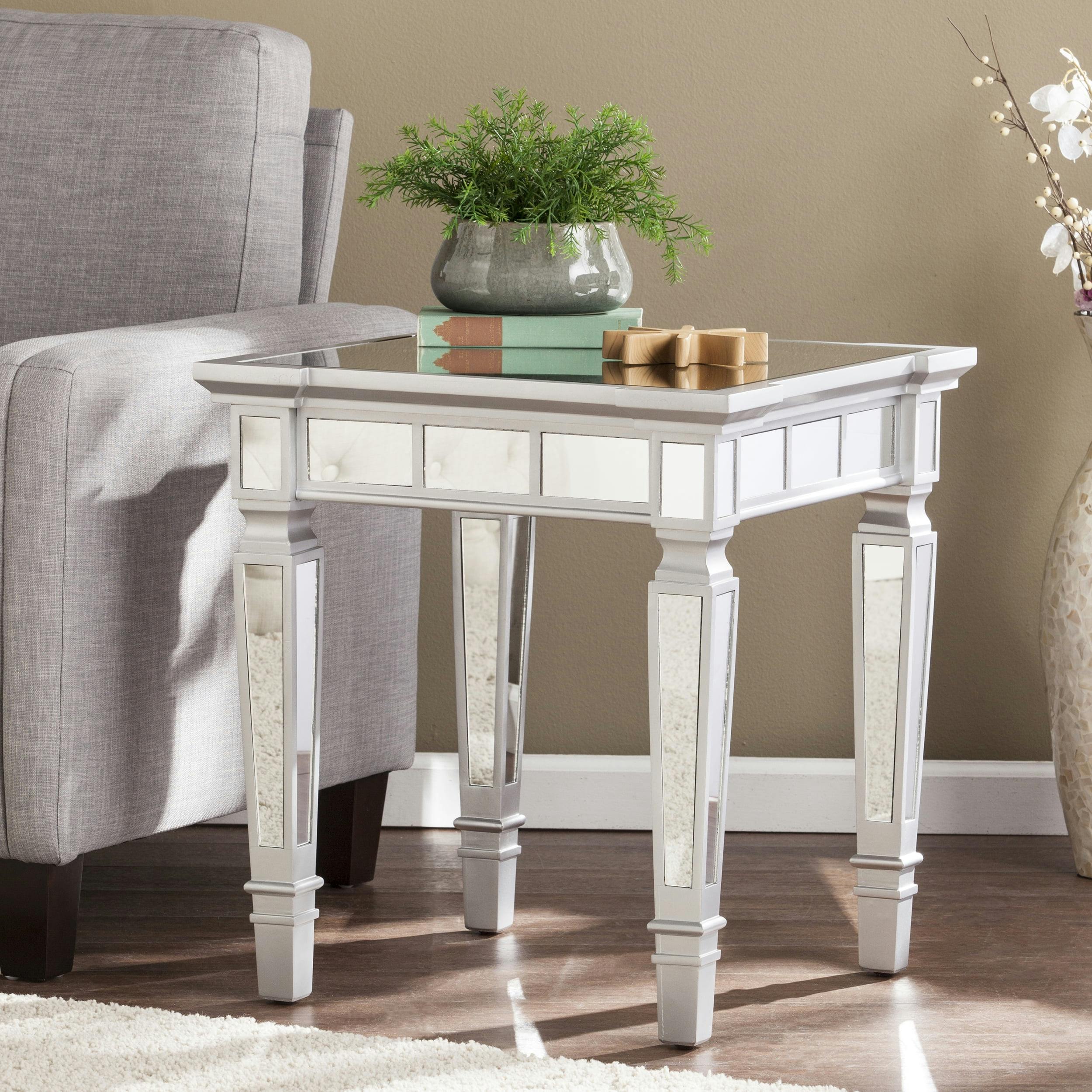 Matte Silver Glam Mirrored Square Wood & Glass End Table