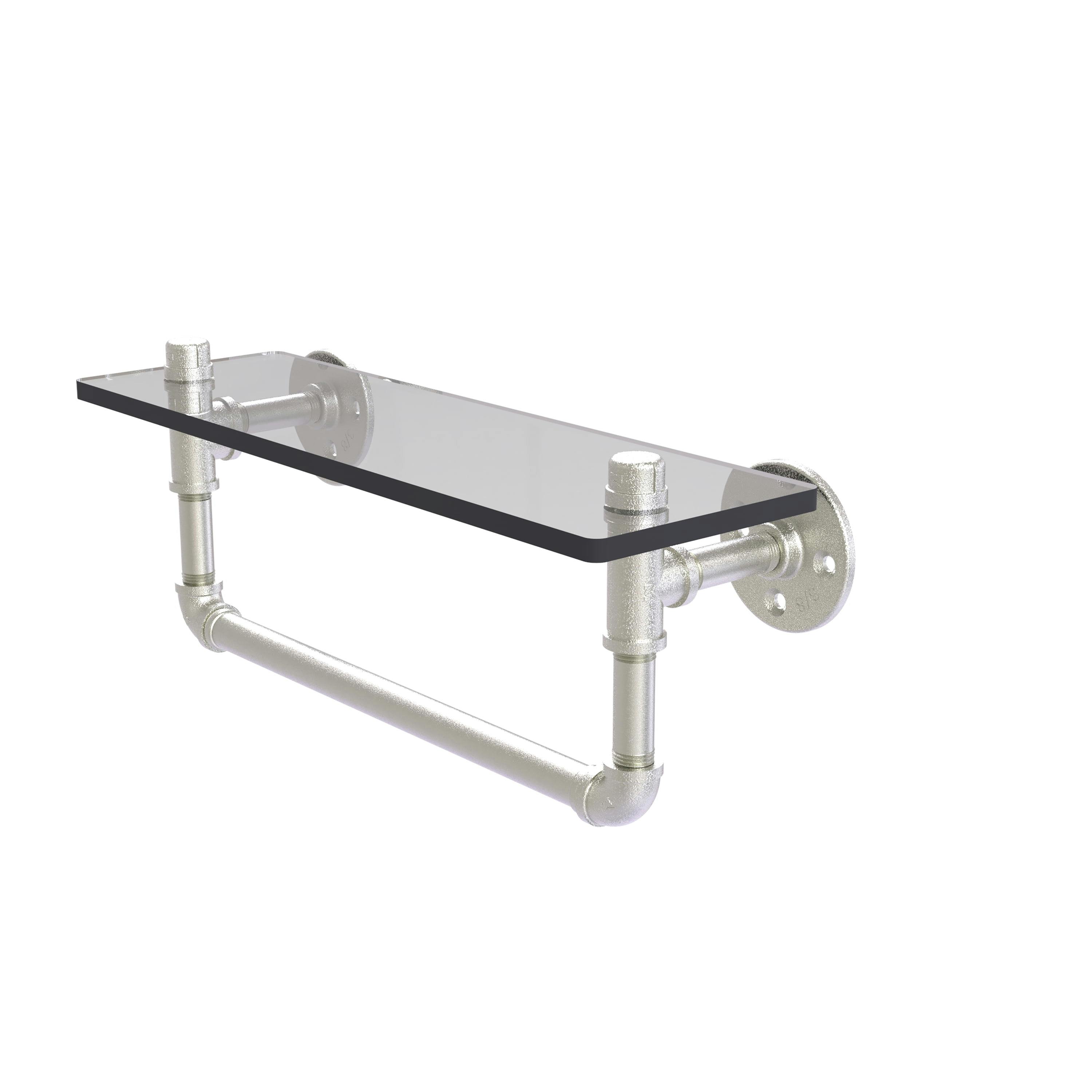 Satin Nickel 16" Industrial Glass Shelf with Towel Bar
