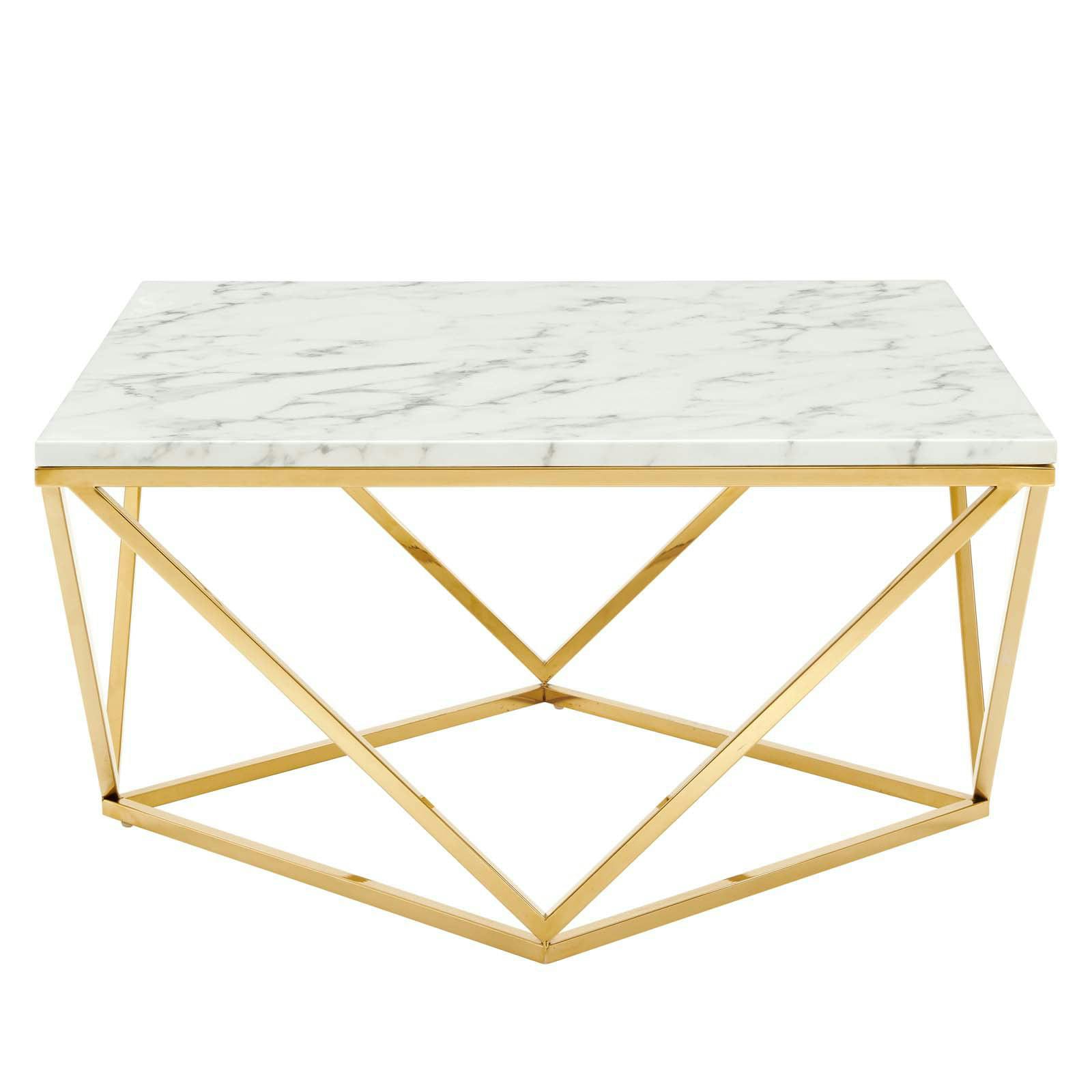 Geometric Gold Stainless Steel & Marble 30" Square Coffee Table
