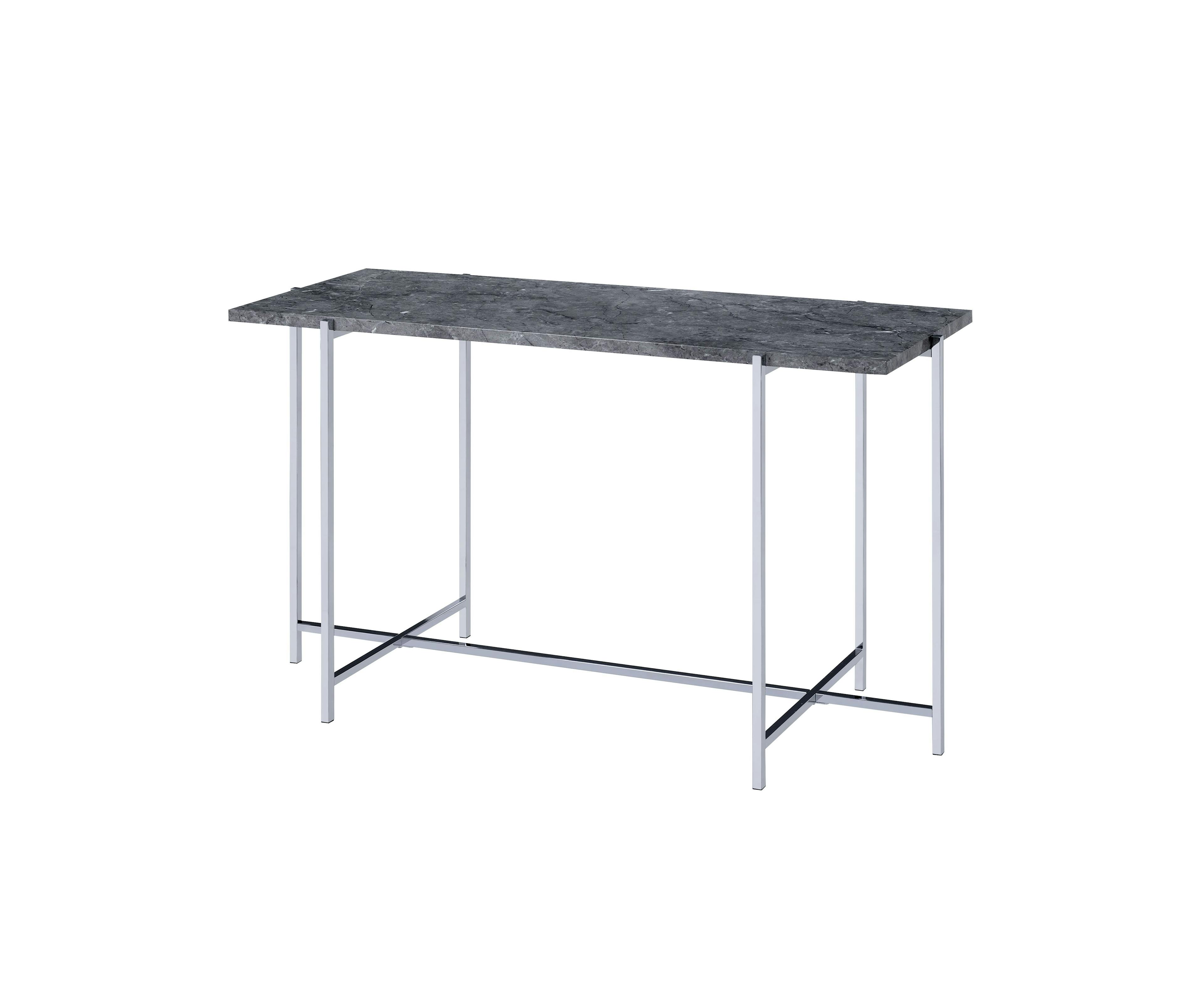 Contemporary Gray Faux Marble Sofa Table with Silver Trestle Base