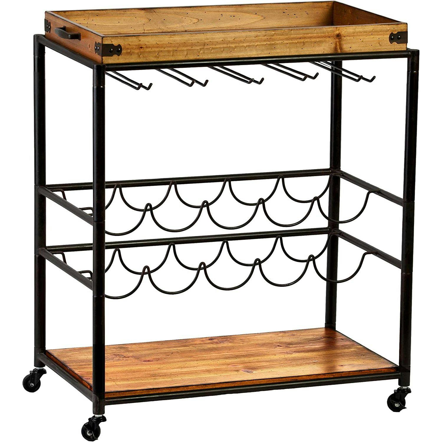 Mayson Traditional Black and Natural Wood Bar Cart with Wine Storage