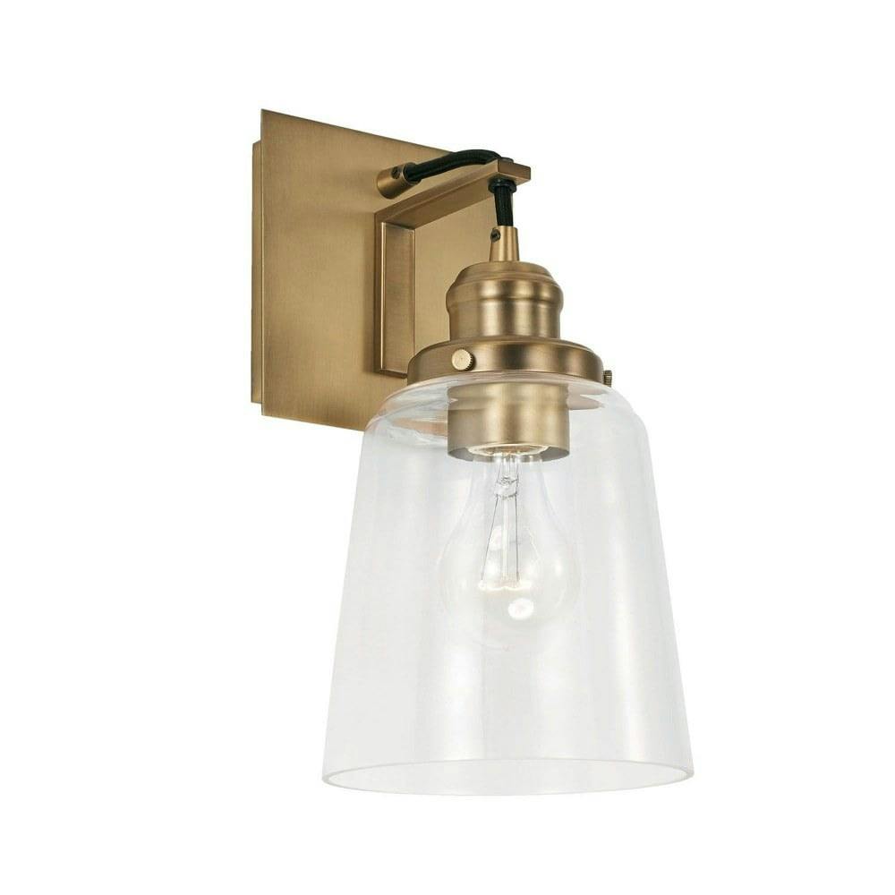 Aged Brass and Black 1-Light Dimmable Wall Sconce with Clear Glass Shade