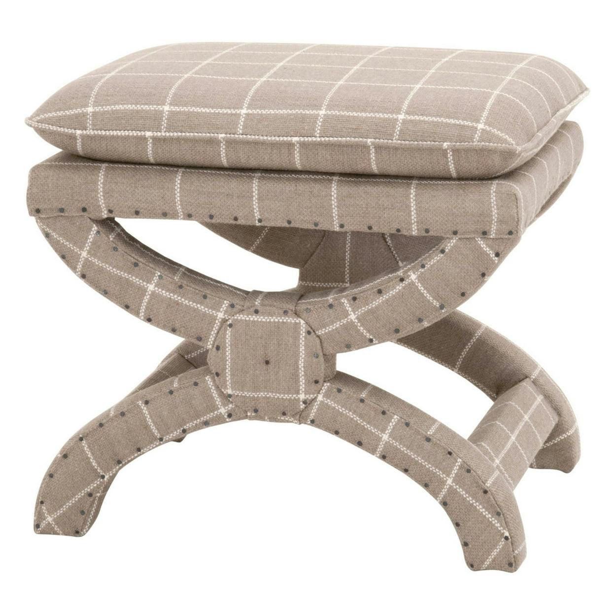 Pillow Top Checkered Gray Fabric Ottoman with Nailhead Trim