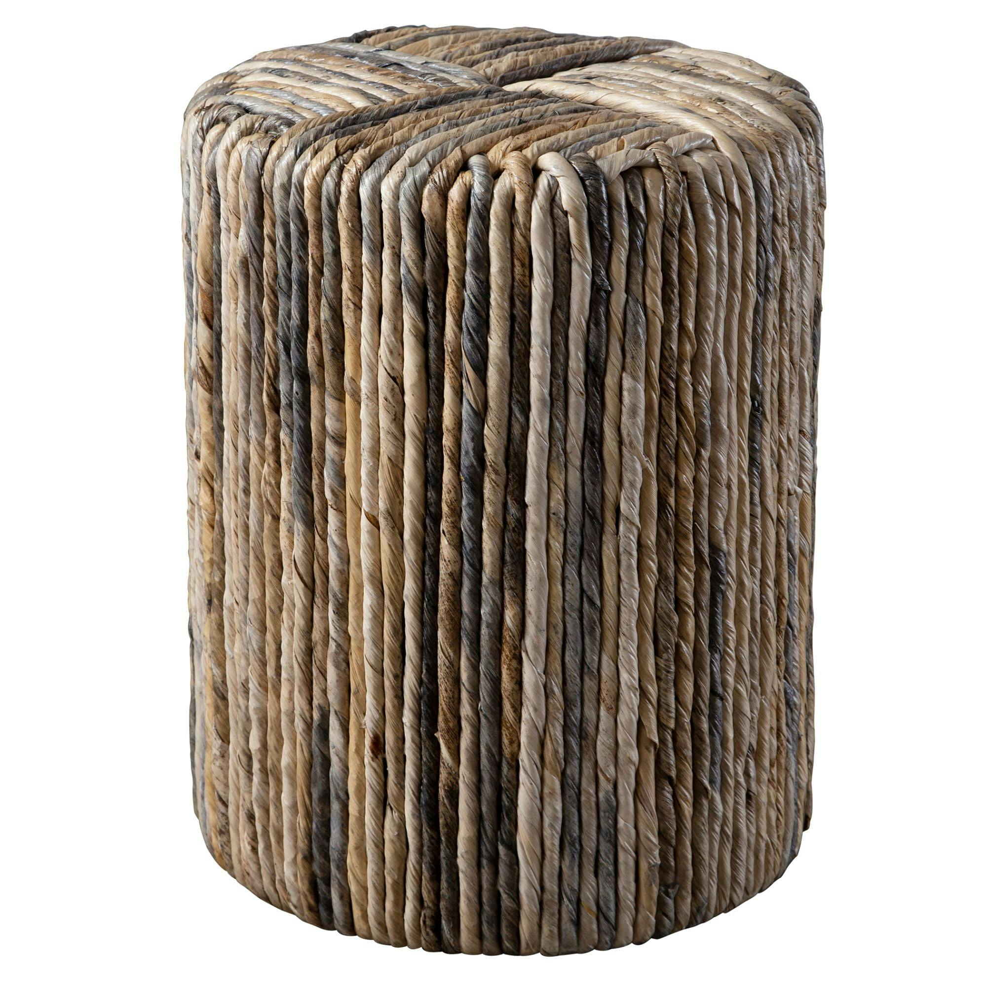 Coastal Charm Round Woven Banana Leaf Accent Stool in Gray