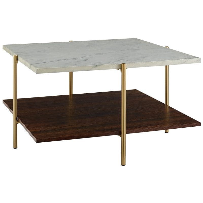 Mid-Century Glossy Faux Marble 32" Square Coffee Table with Gold Legs