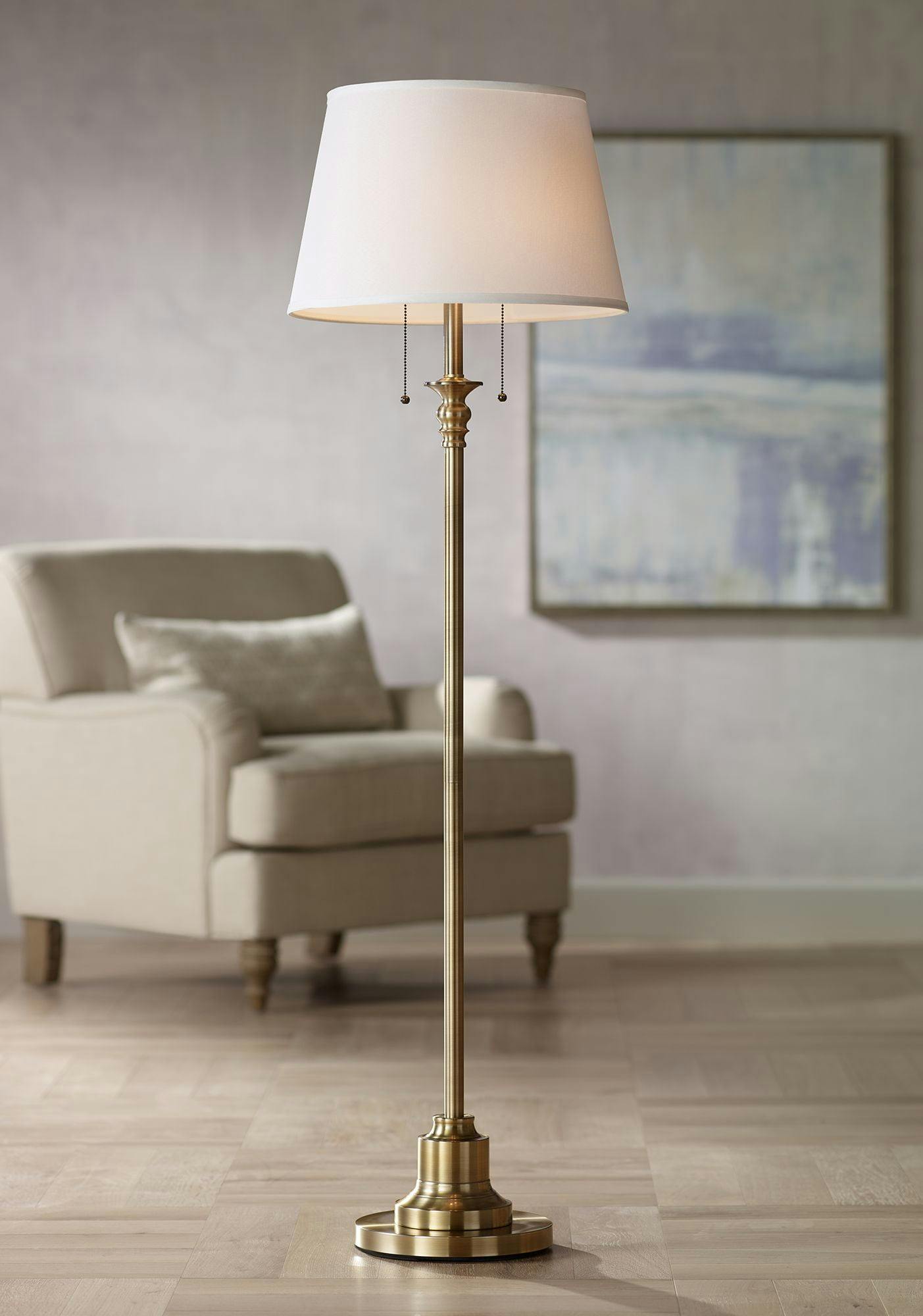 Classic Elegance Brushed Brass Floor Lamp with Off-White Linen Shade