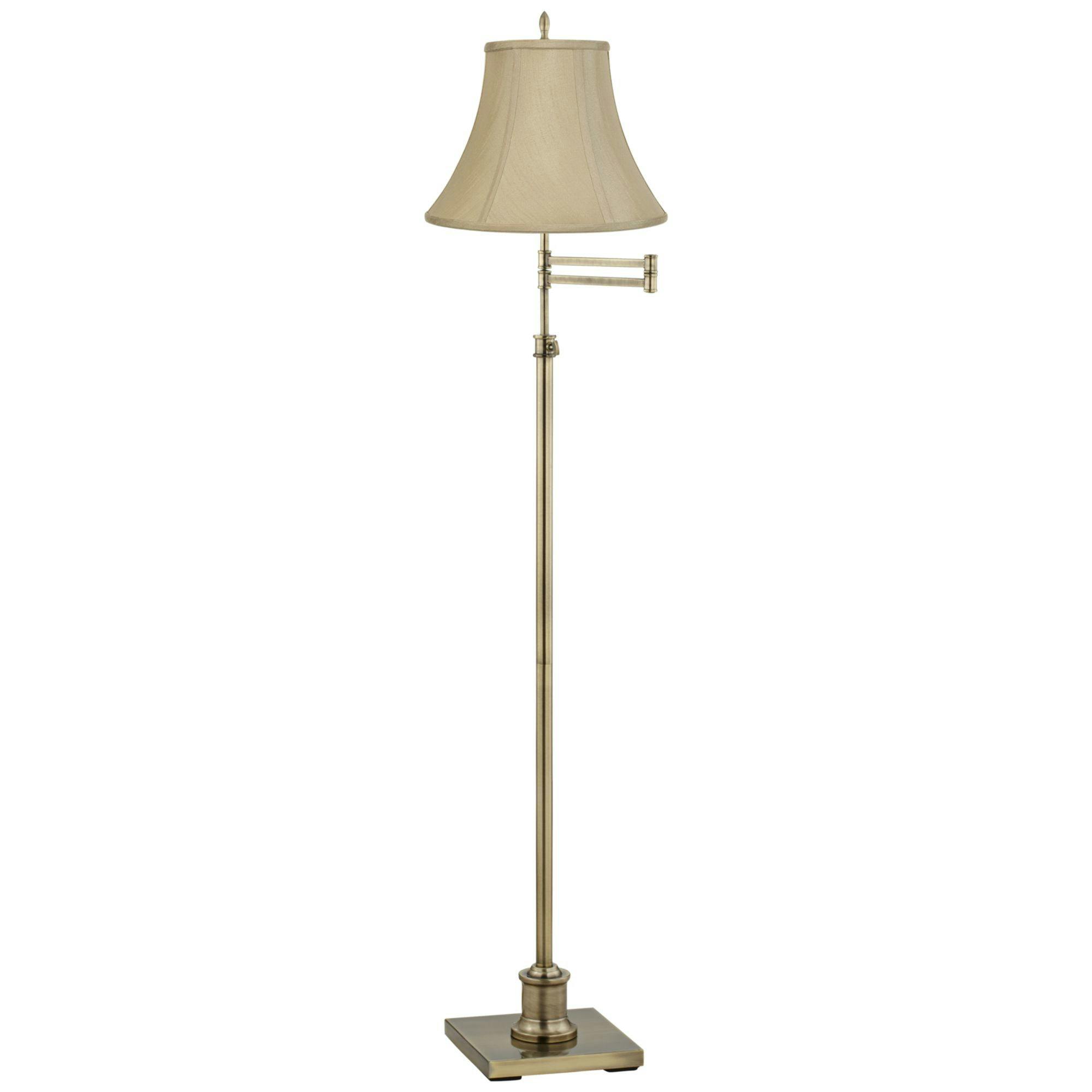 Antique Brass Finish Adjustable Floor Lamp with Taupe Fabric Bell Shade