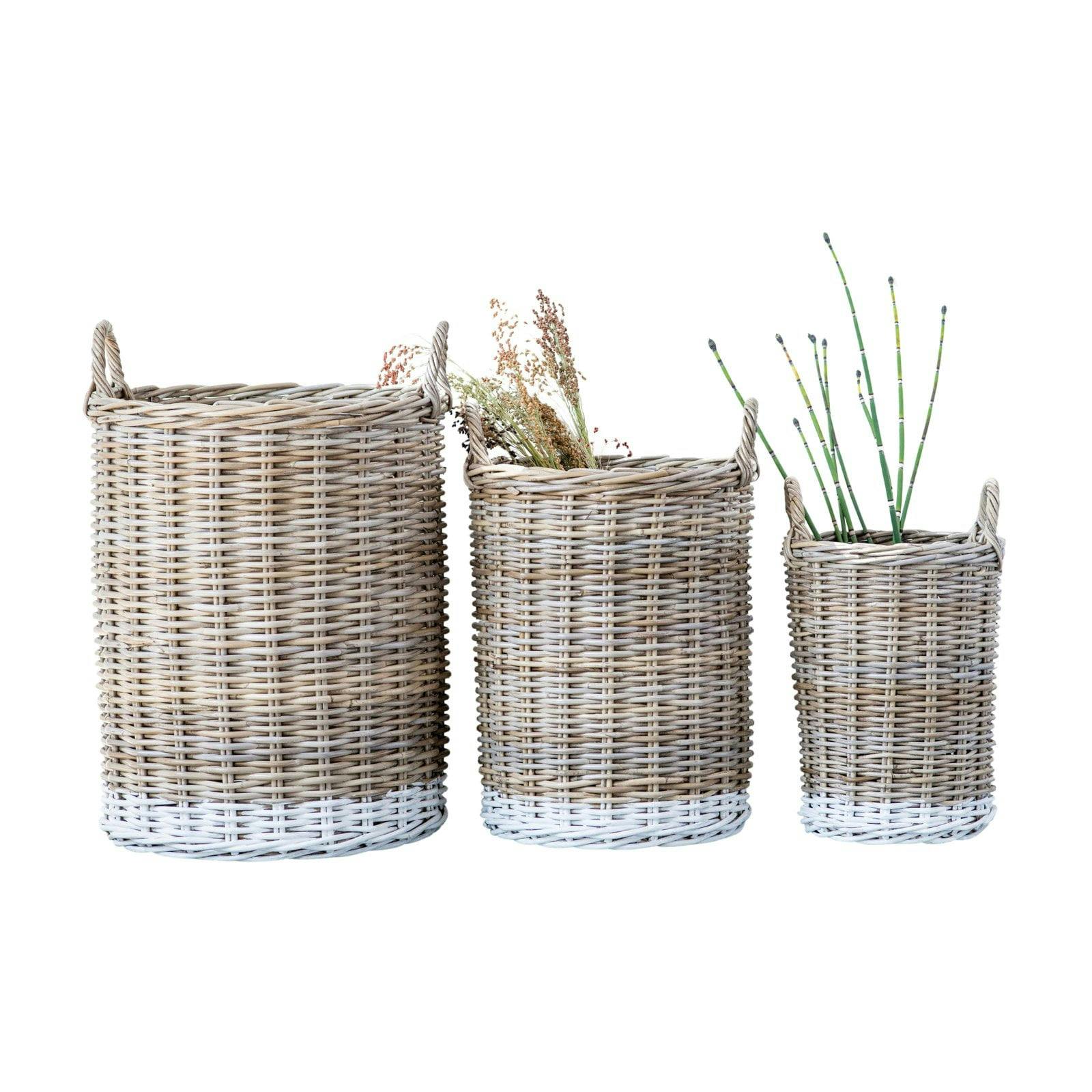 Natural Rattan Round Storage Baskets with White Dipped Base - Set of 3