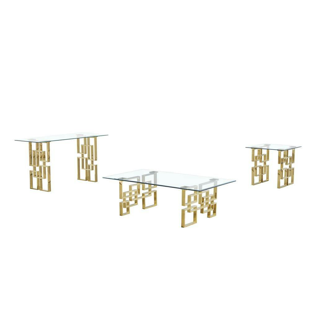 Elegant 3-Piece Gold Stainless Steel & Clear Tempered Glass Table Set