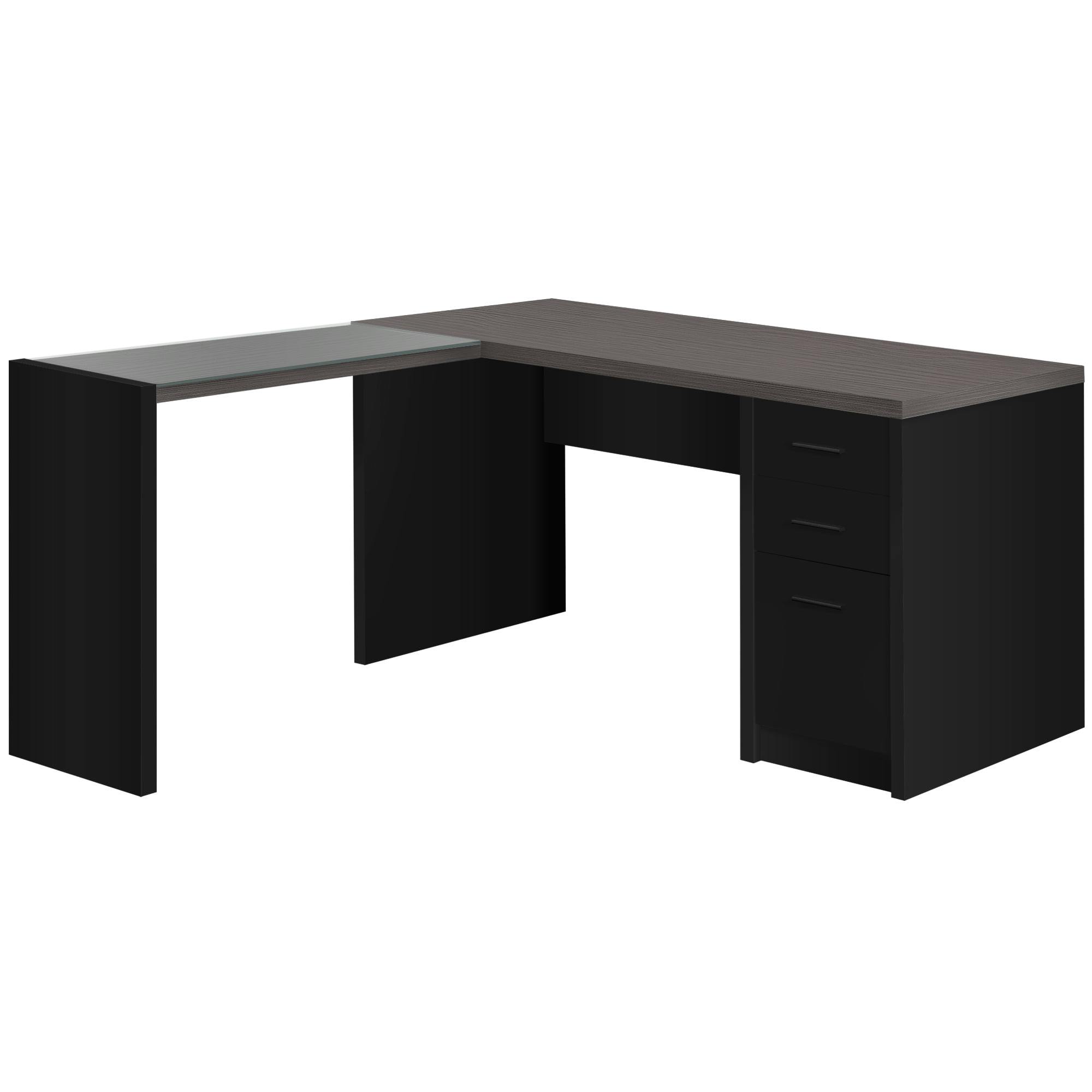 Contemporary Black L-Shaped Corner Desk with Glass Detail and Filing Cabinet