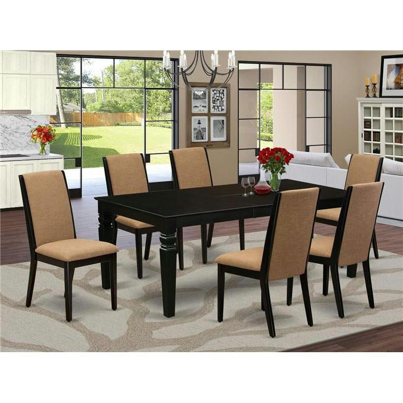 Logan 7-Piece Black & Shitake Linen Fabric Dining Set with Rectangular Table