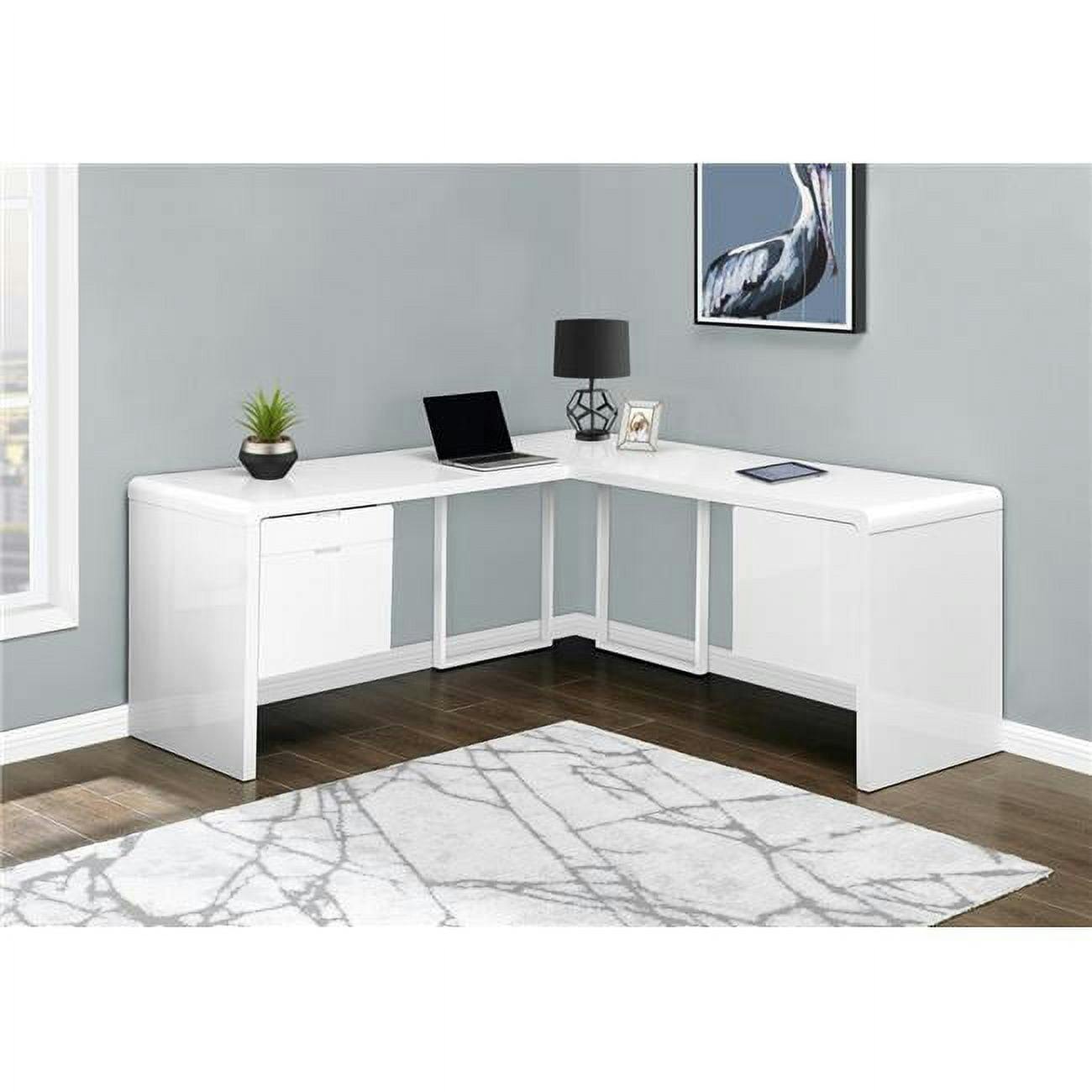 Glossy White L-Shaped Corner Computer Desk with Filing Cabinet