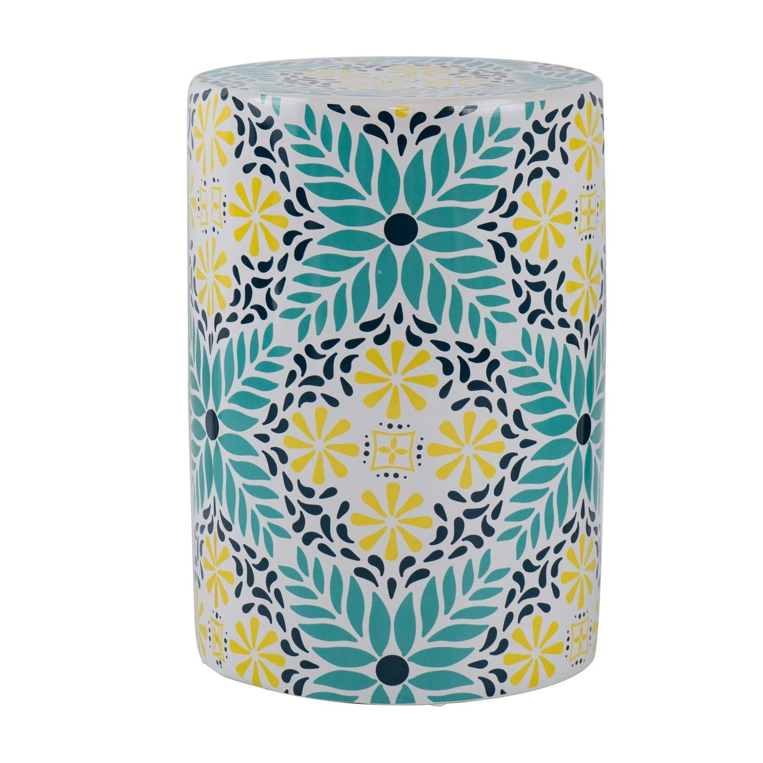 Capri Floral-Patterned Ceramic Garden Stool, 13"x18" - Teal and Yellow