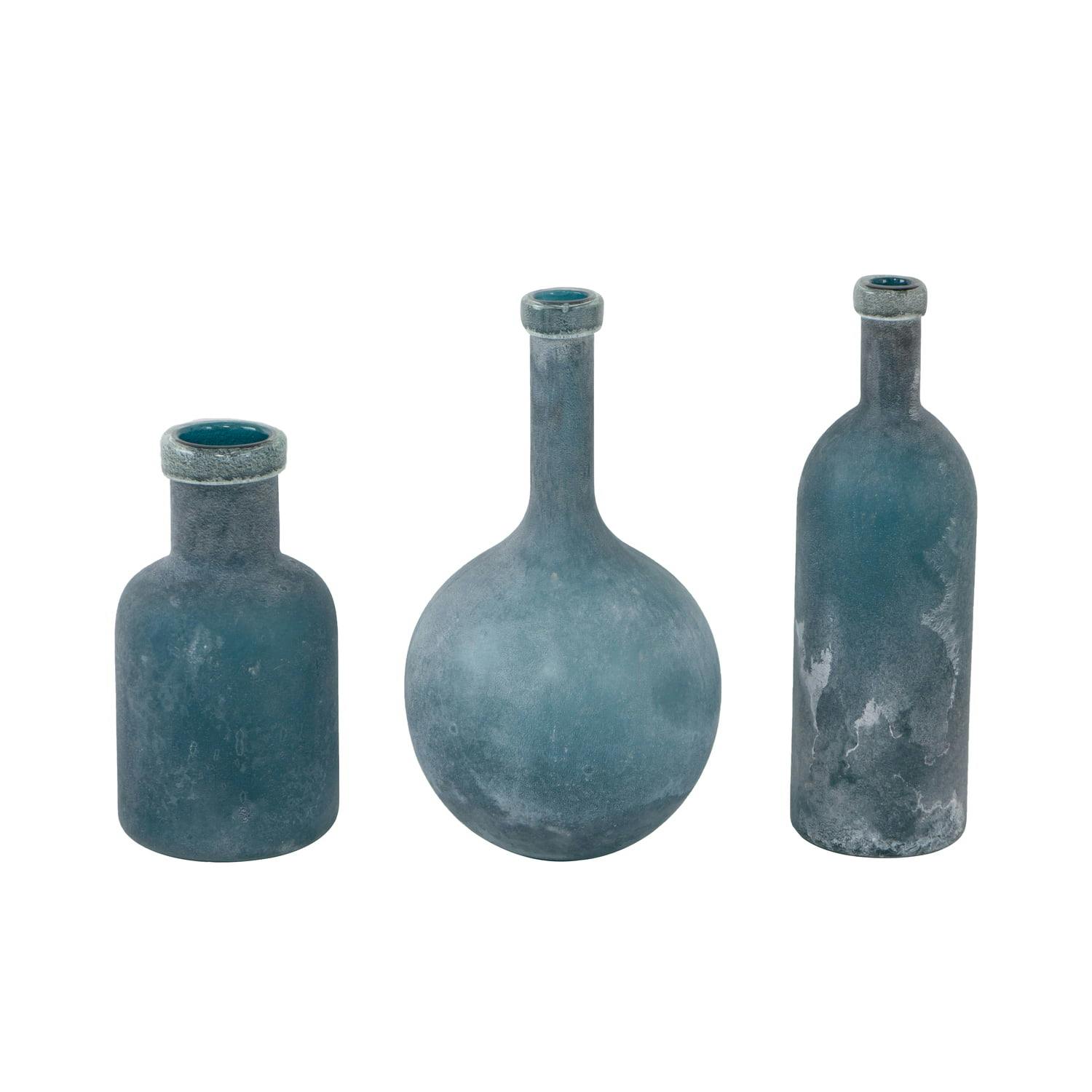 Set of 3 Rustic Blue and White Textured Glass Bottle Vases