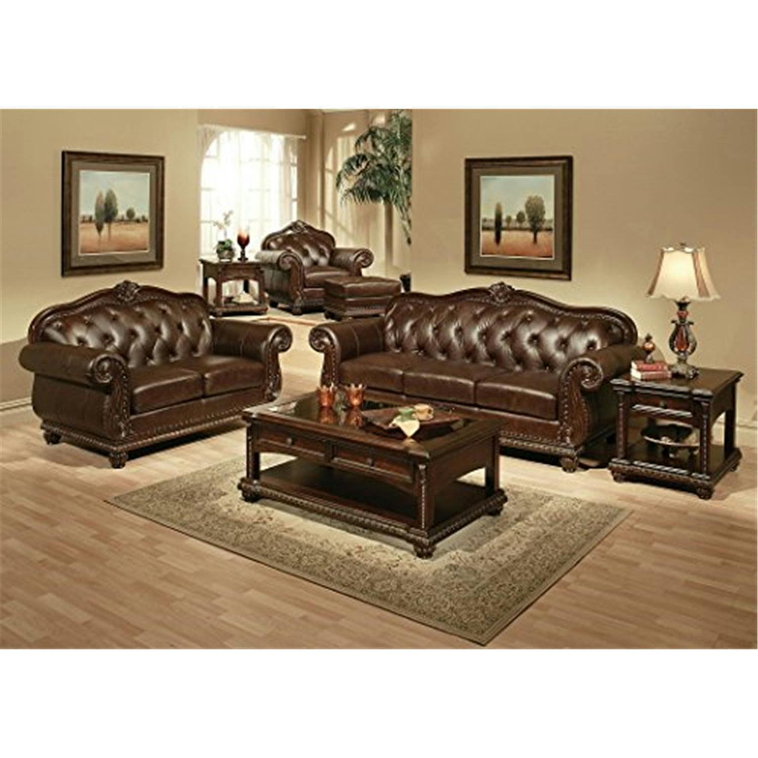 Elegant Brown Faux Leather Tufted Loveseat with Rolled Arms and Nailhead Detail