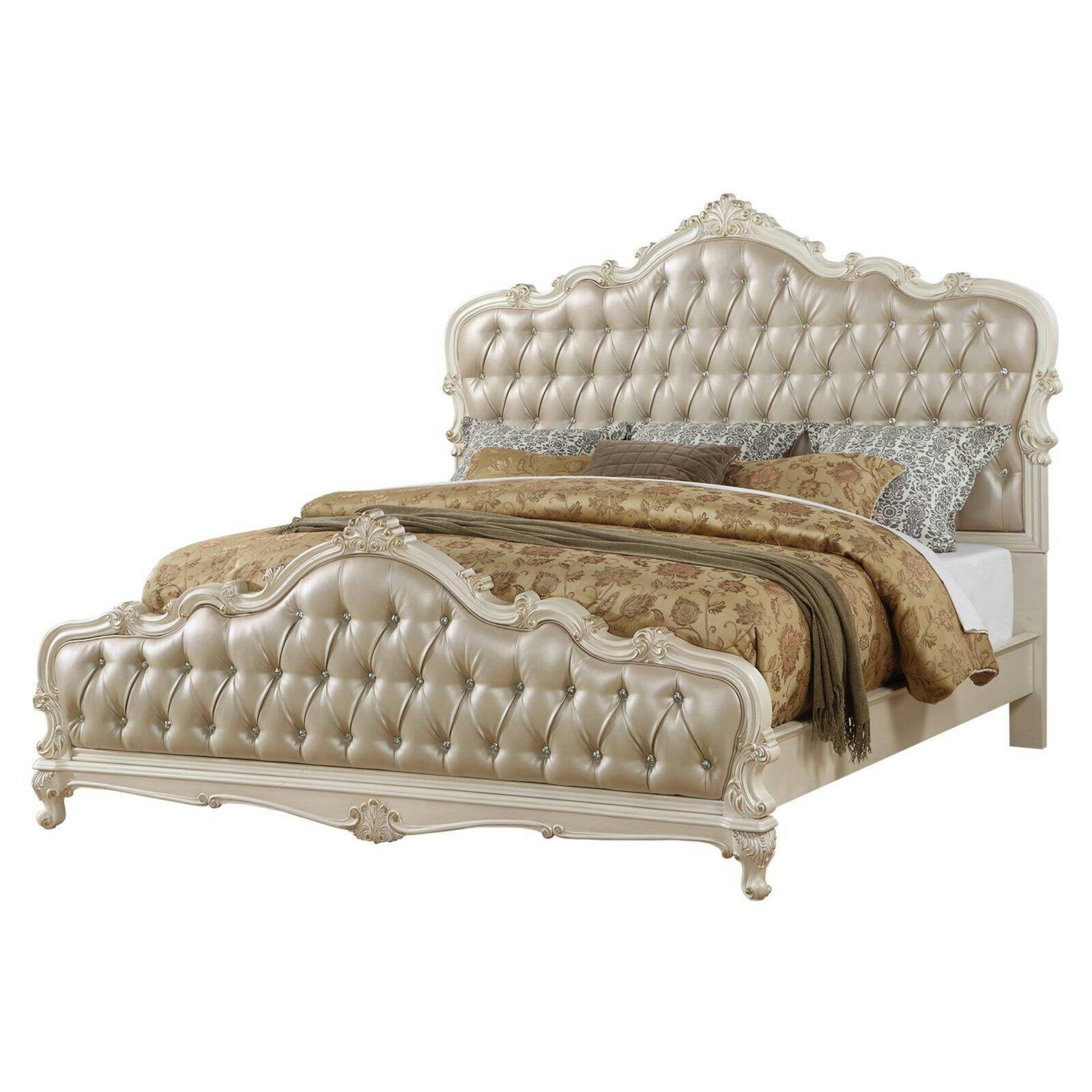 Chantelle Queen Bed with Tufted Faux Leather Headboard in Rose Gold and White