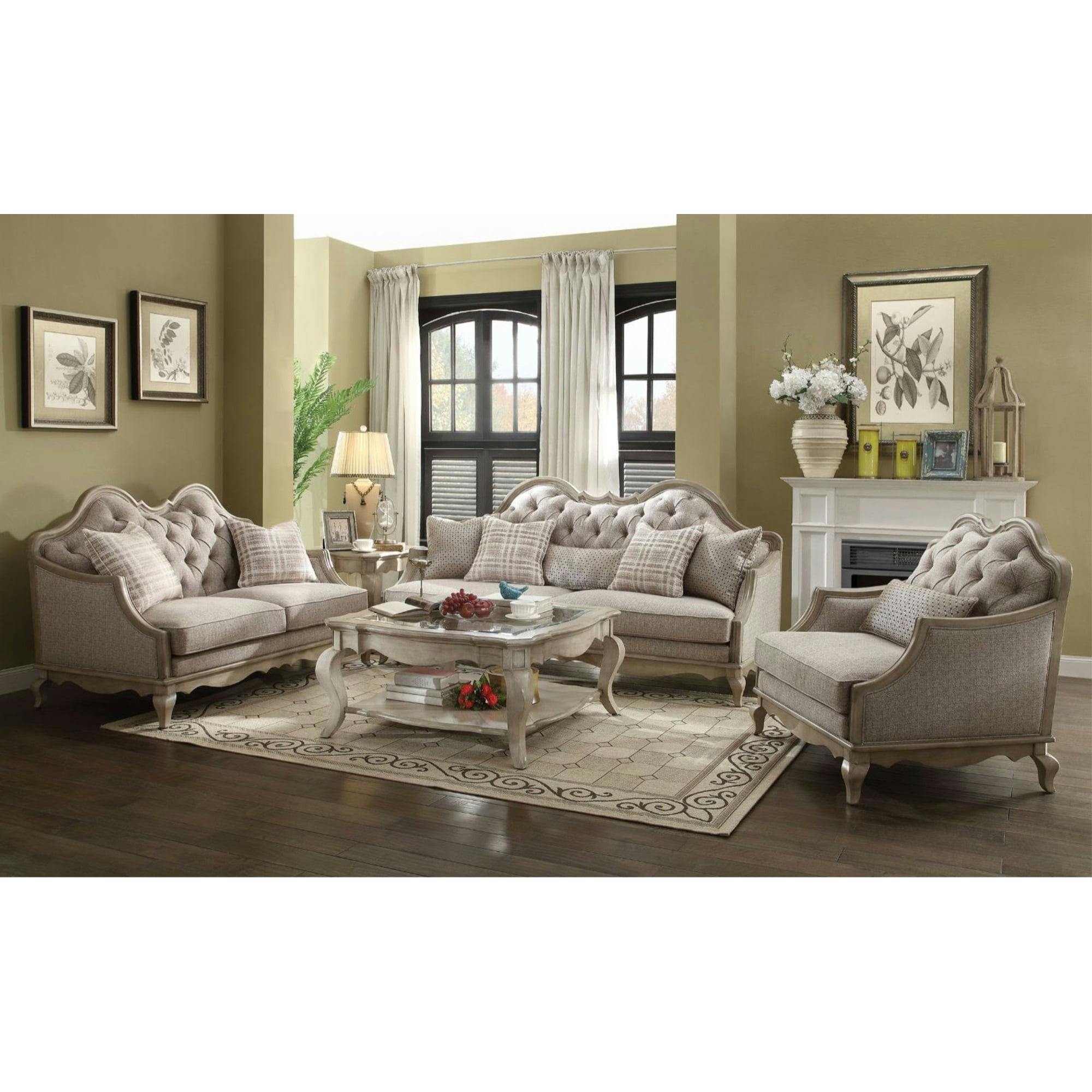 Chelmsford Beige Fabric Tufted Sofa with Antique Taupe Wood Accents