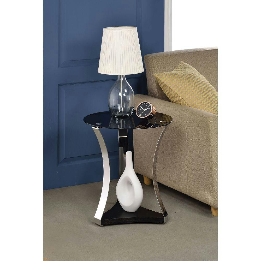 20" Chrome & Black Glass Round Pedestal End Table with Shelf