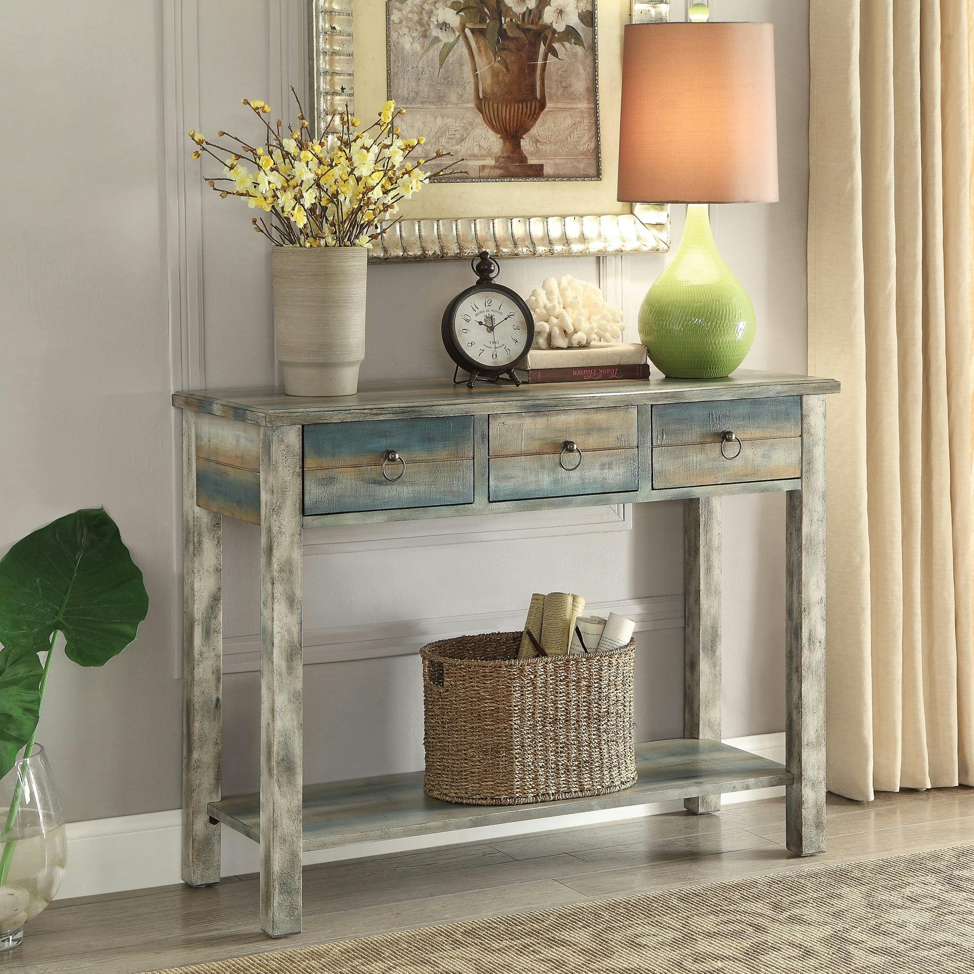 Antique White and Teal Wood Console Table with Storage