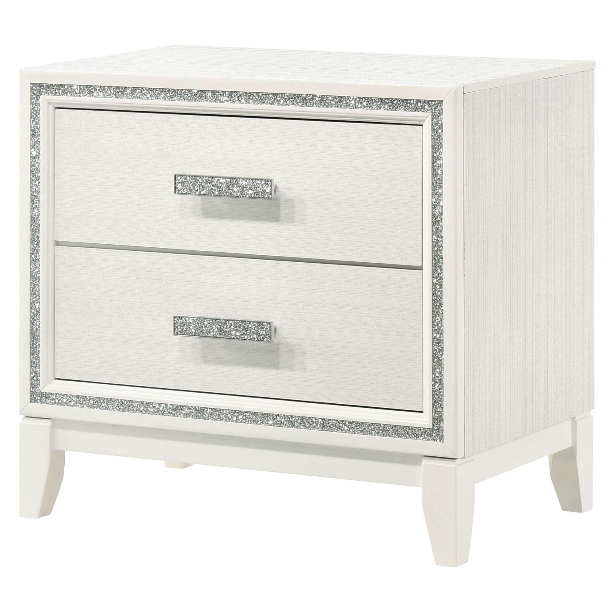 Haiden Glamorous White 2-Drawer Nightstand with Silver Accents