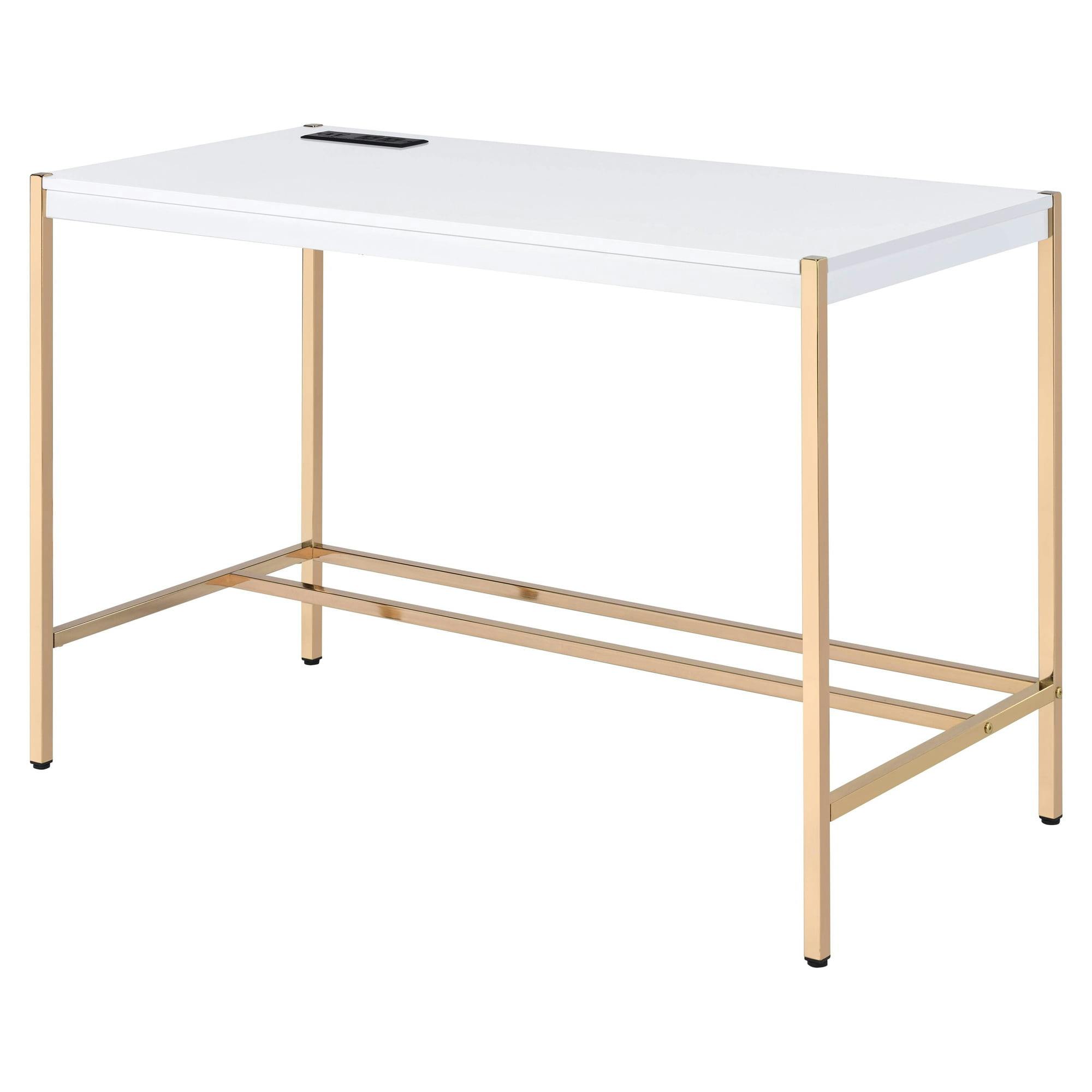 Elegance White & Gold Writing Desk with USB Port and Cable Management