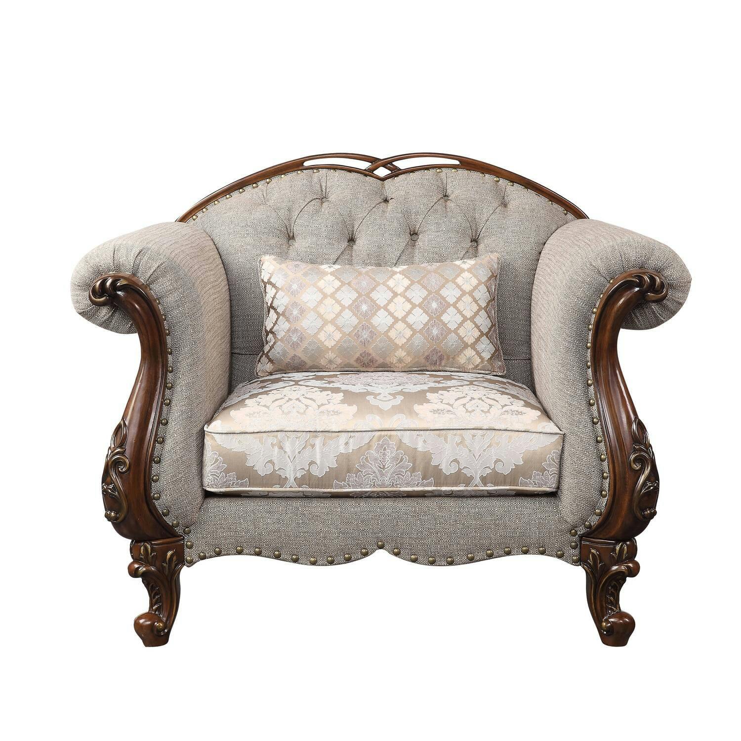Elegant Floral Button-Tufted Accent Chair with Cherry Queen Anne Legs