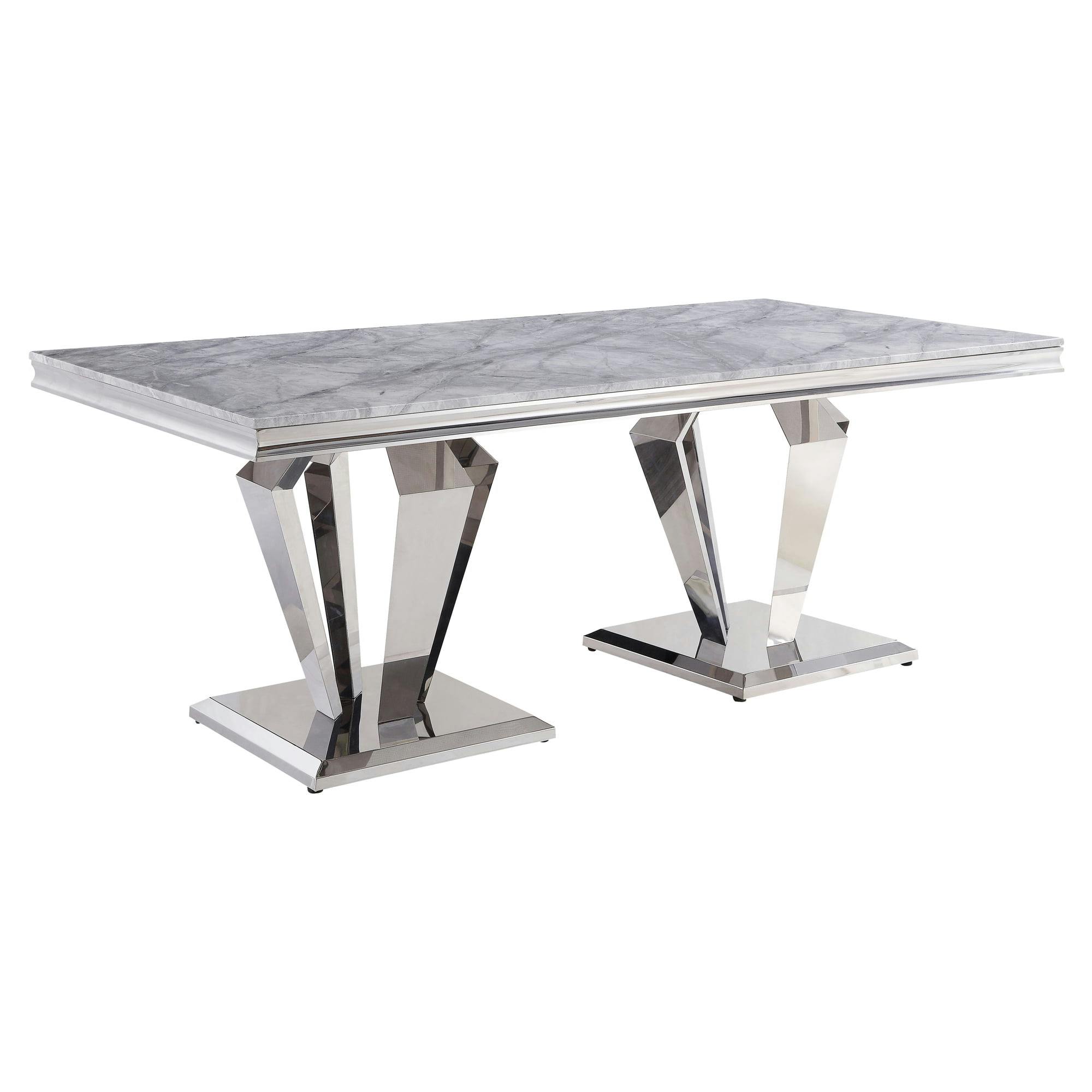 Satinka 79" Light Gray Faux Marble Dining Table with Mirrored Silver Base