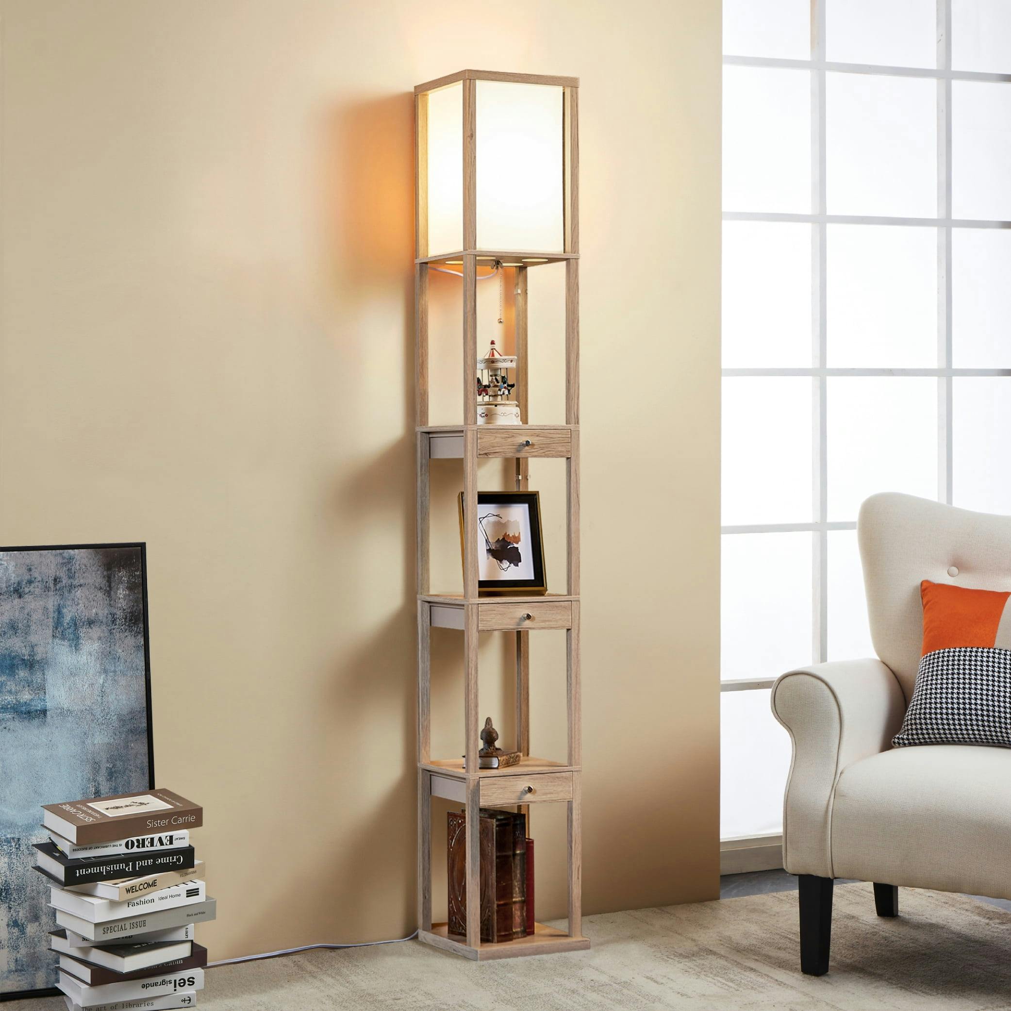 Aaron Rustic Wood LED Floor Lamp with Storage Shelves - 72"
