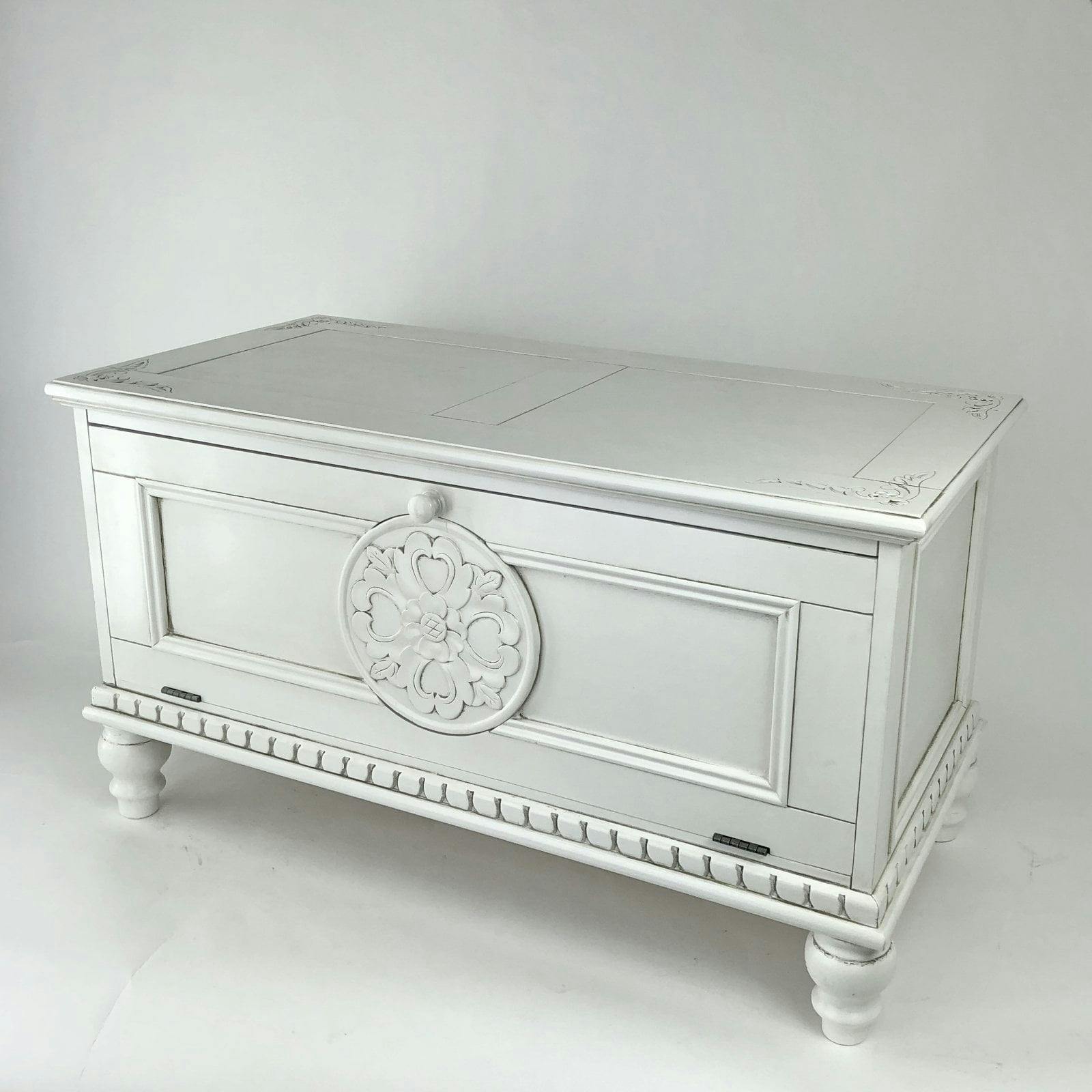 Elegant White Birchwood Accent Chest with Floral Carving and Storage