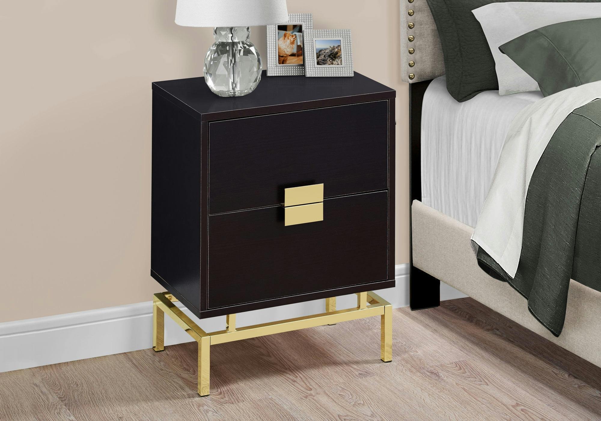Cappuccino and Gold Rectangular Nightstand with Storage and Metal Base