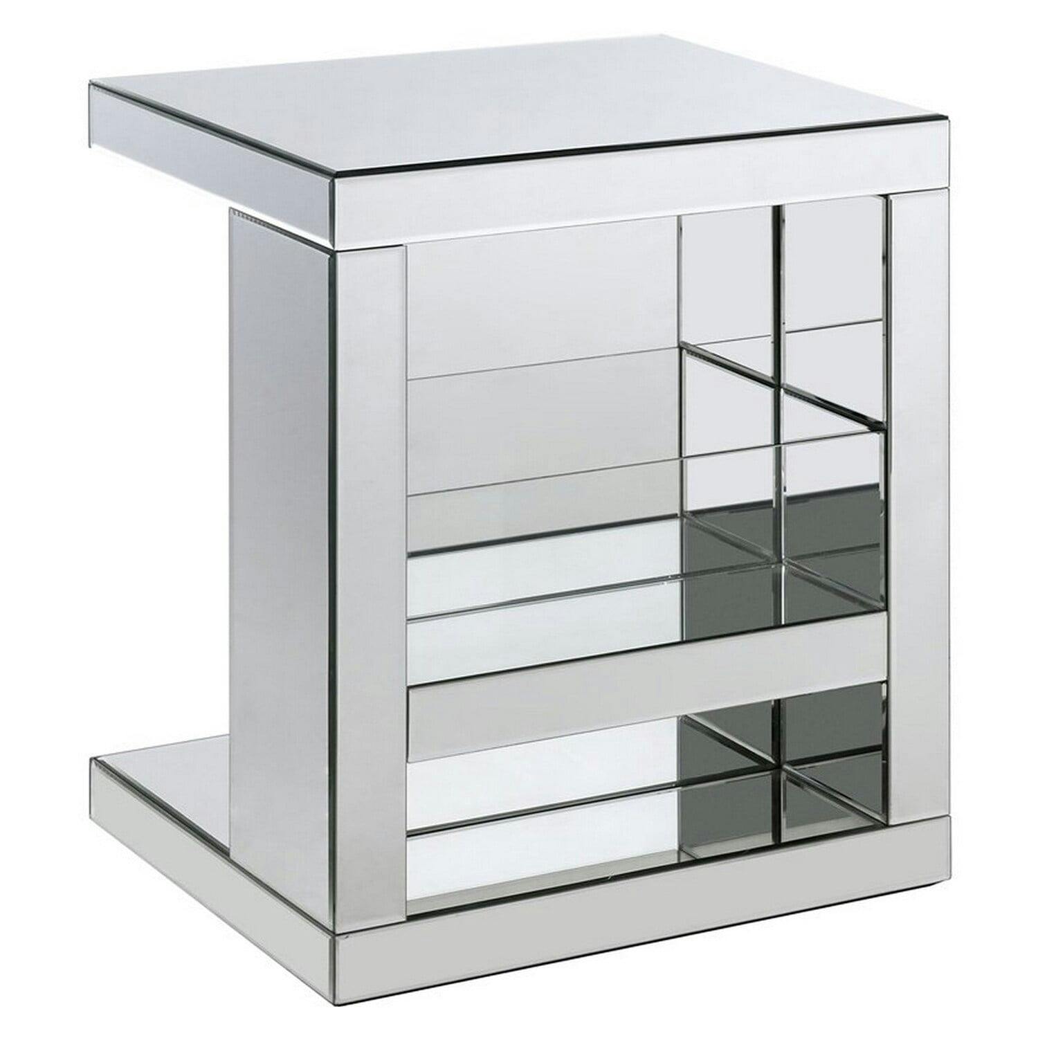 C-Shaped Silver Wood and Glass Mirrored Accent Table