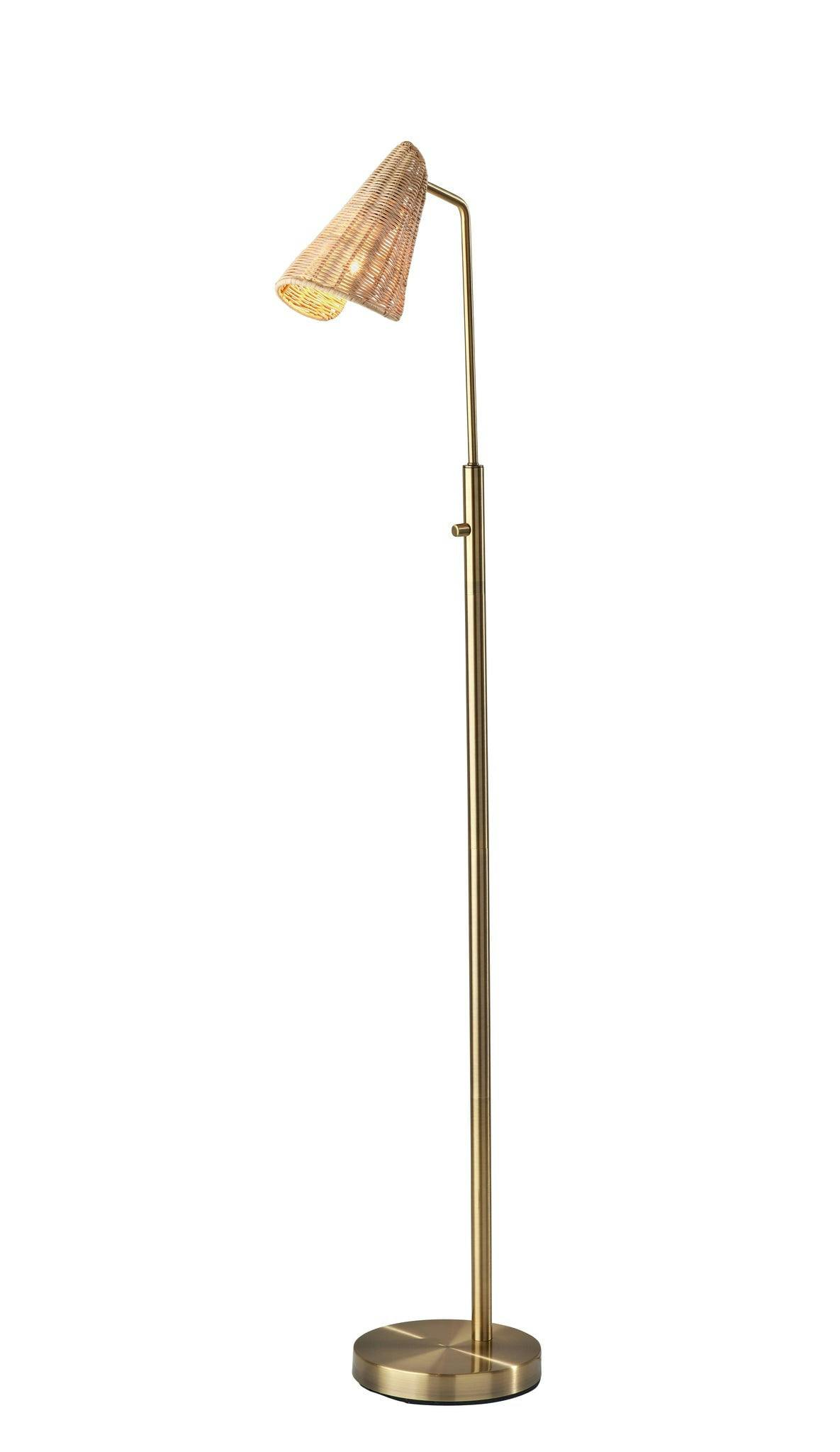Elegant Antique Brass Adjustable Floor Lamp with Rattan Shade