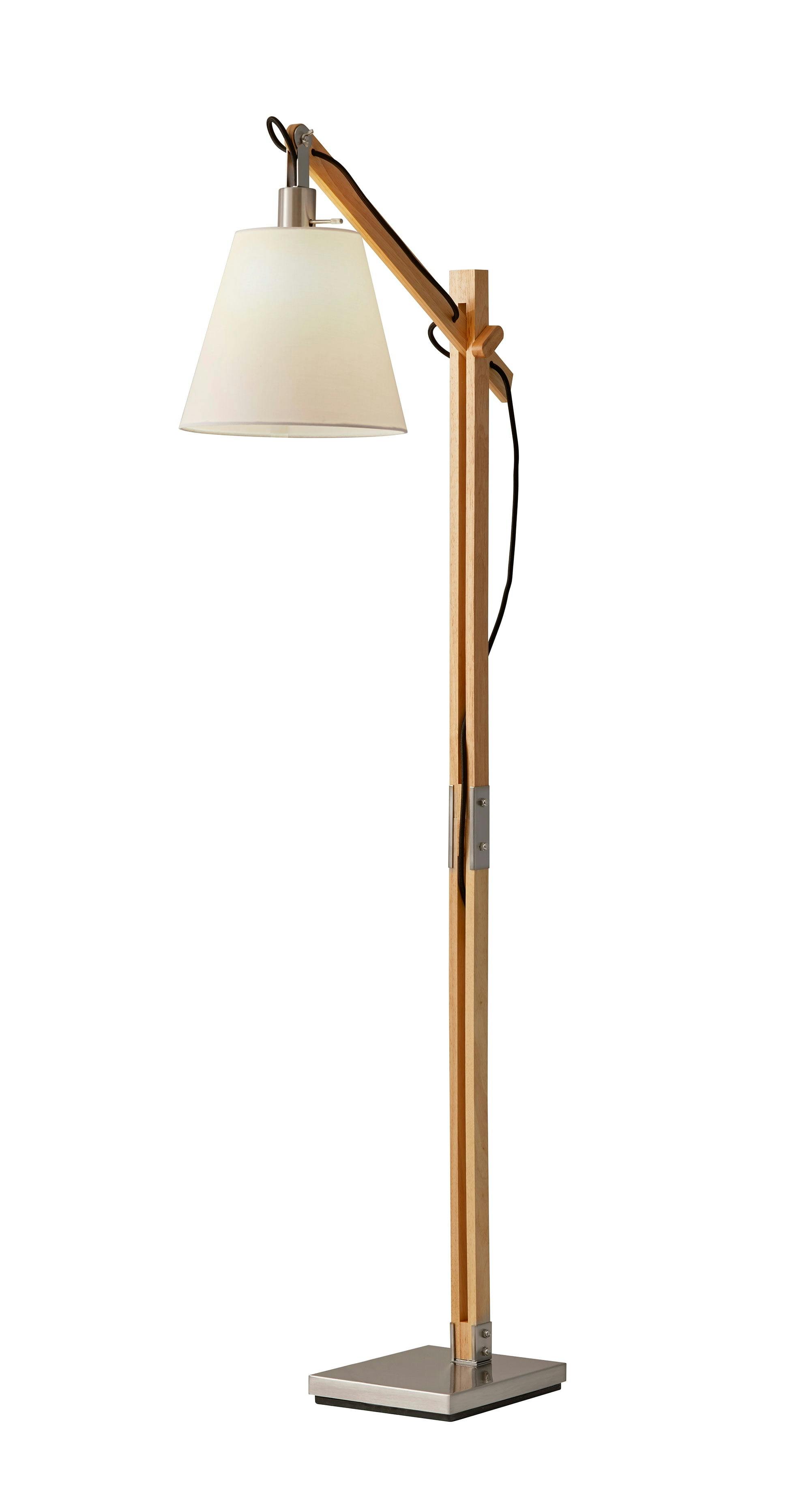 Walden Adjustable Arc Floor Lamp with Off-White Shade and Satin Steel Base