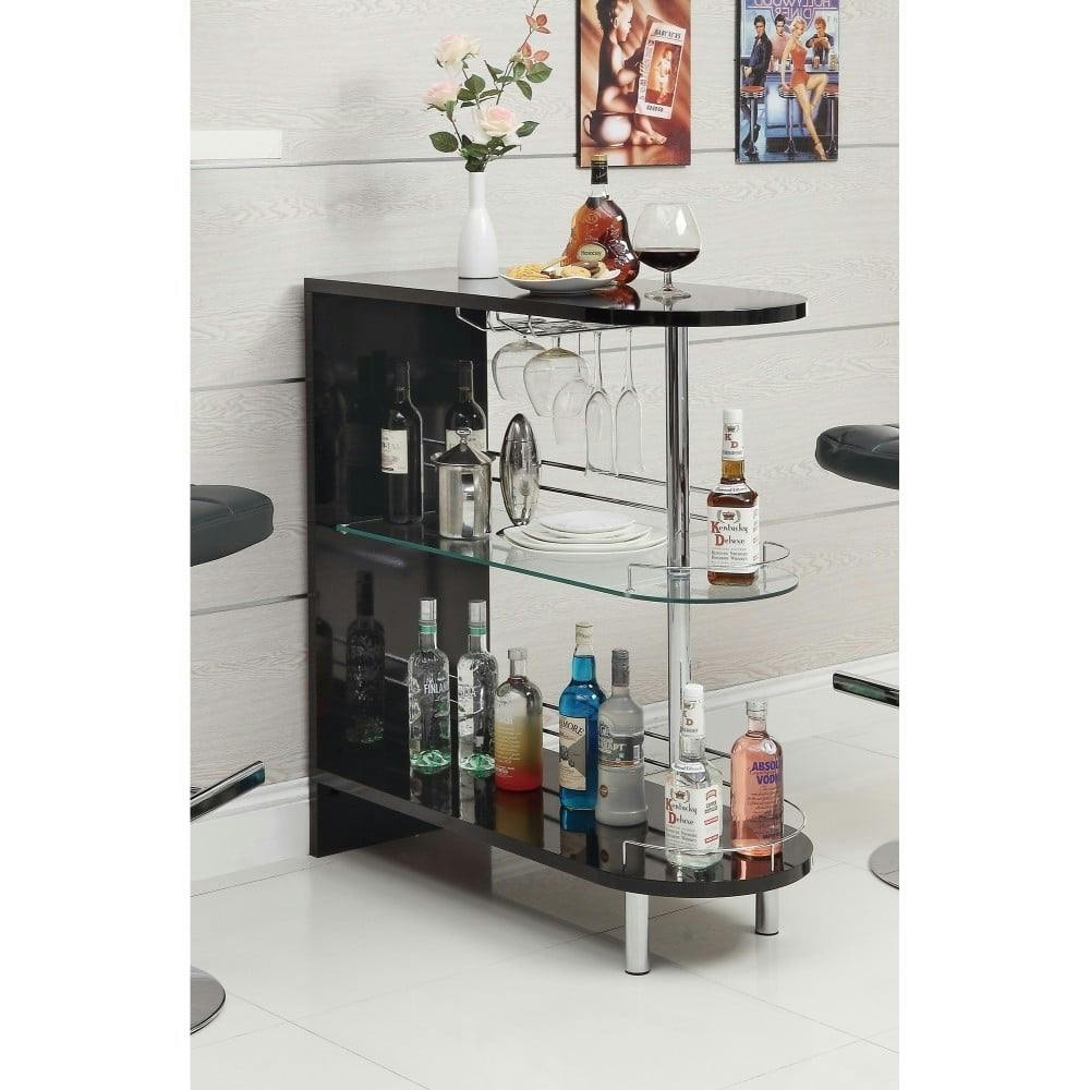 Contemporary Glossy Black Glass-Top Bar Table with Stemware Storage