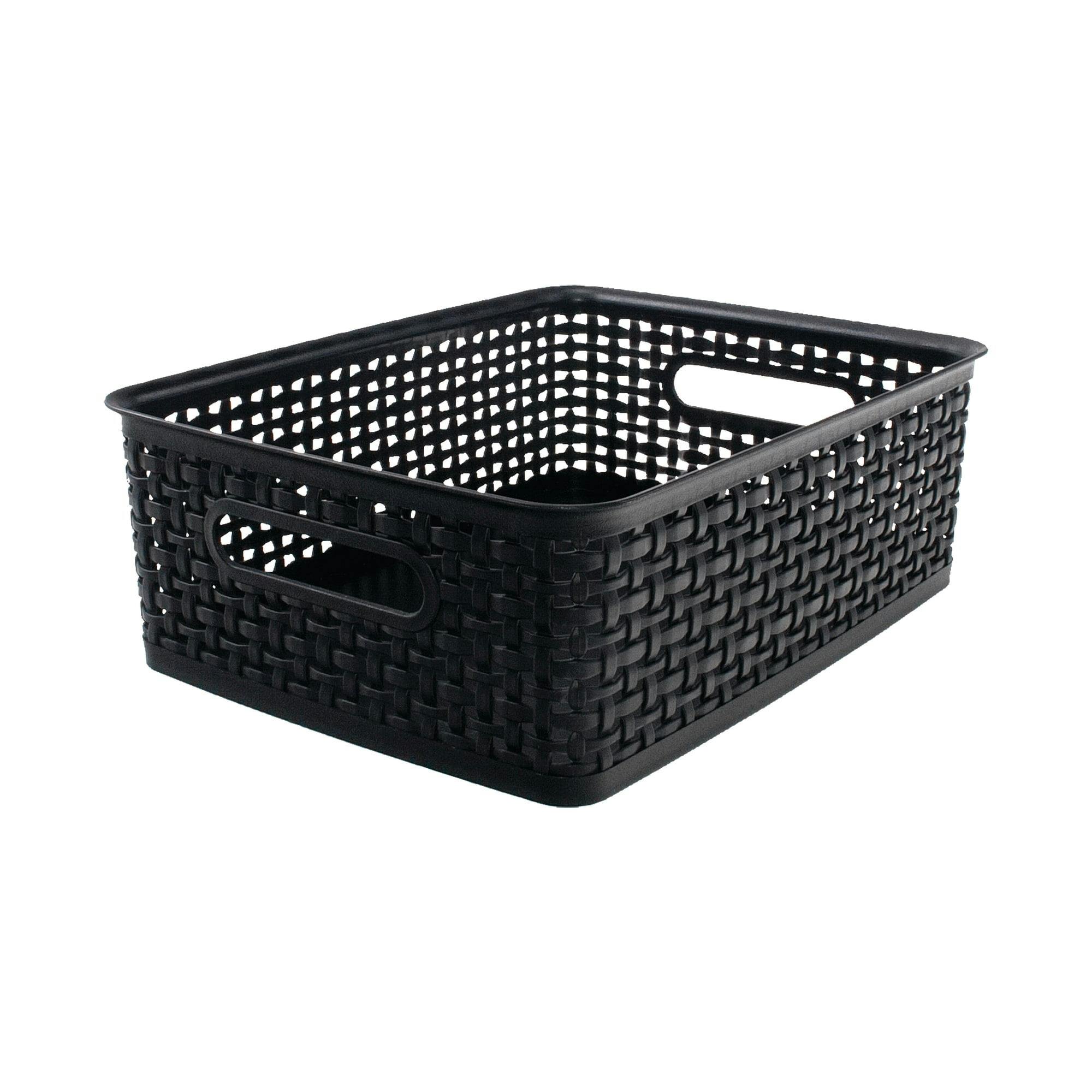 Compact Black Plastic Weave Storage Bin 14"x10.5"