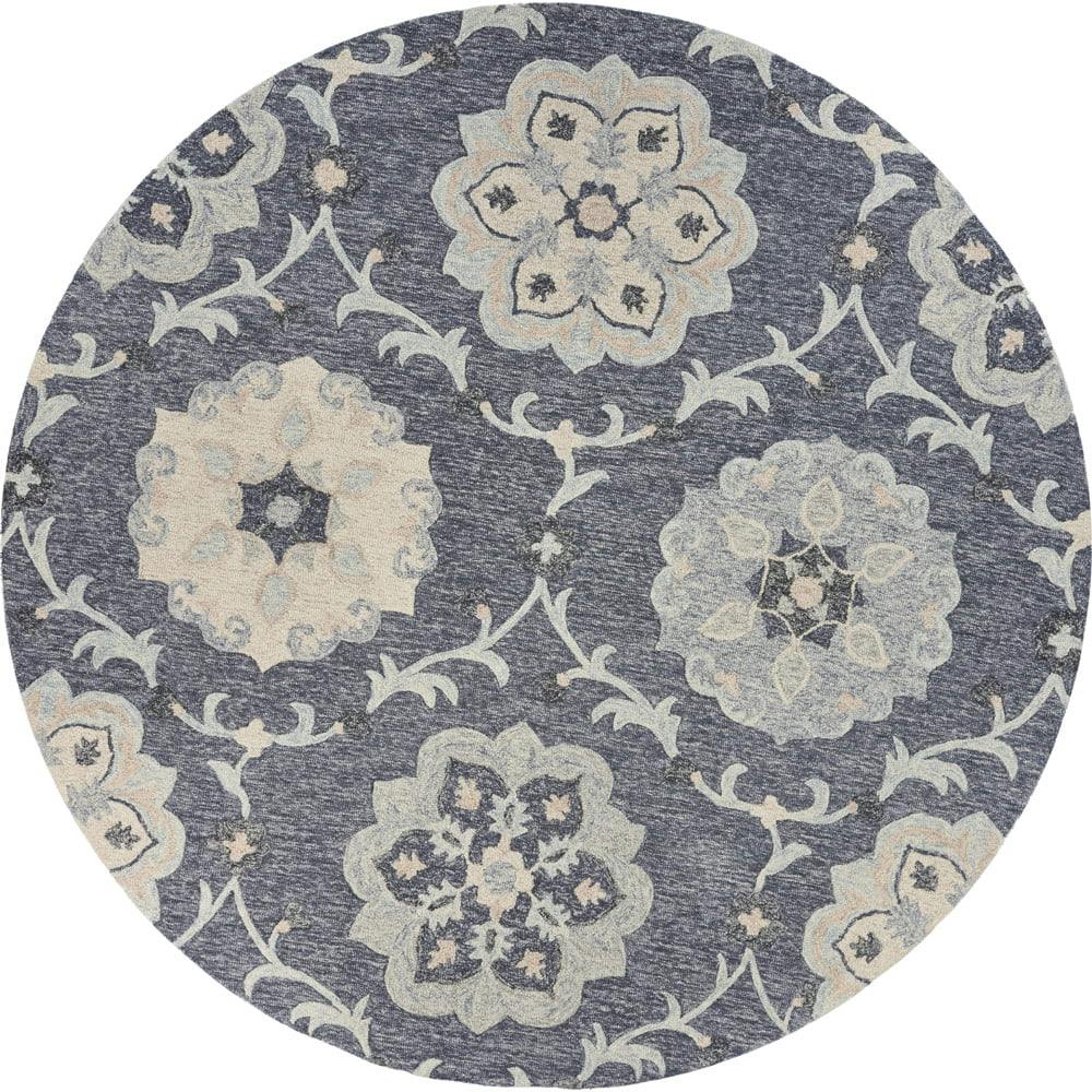 Hand-Tufted Victorian Floral Medallion Gray Wool 58" Round Area Rug