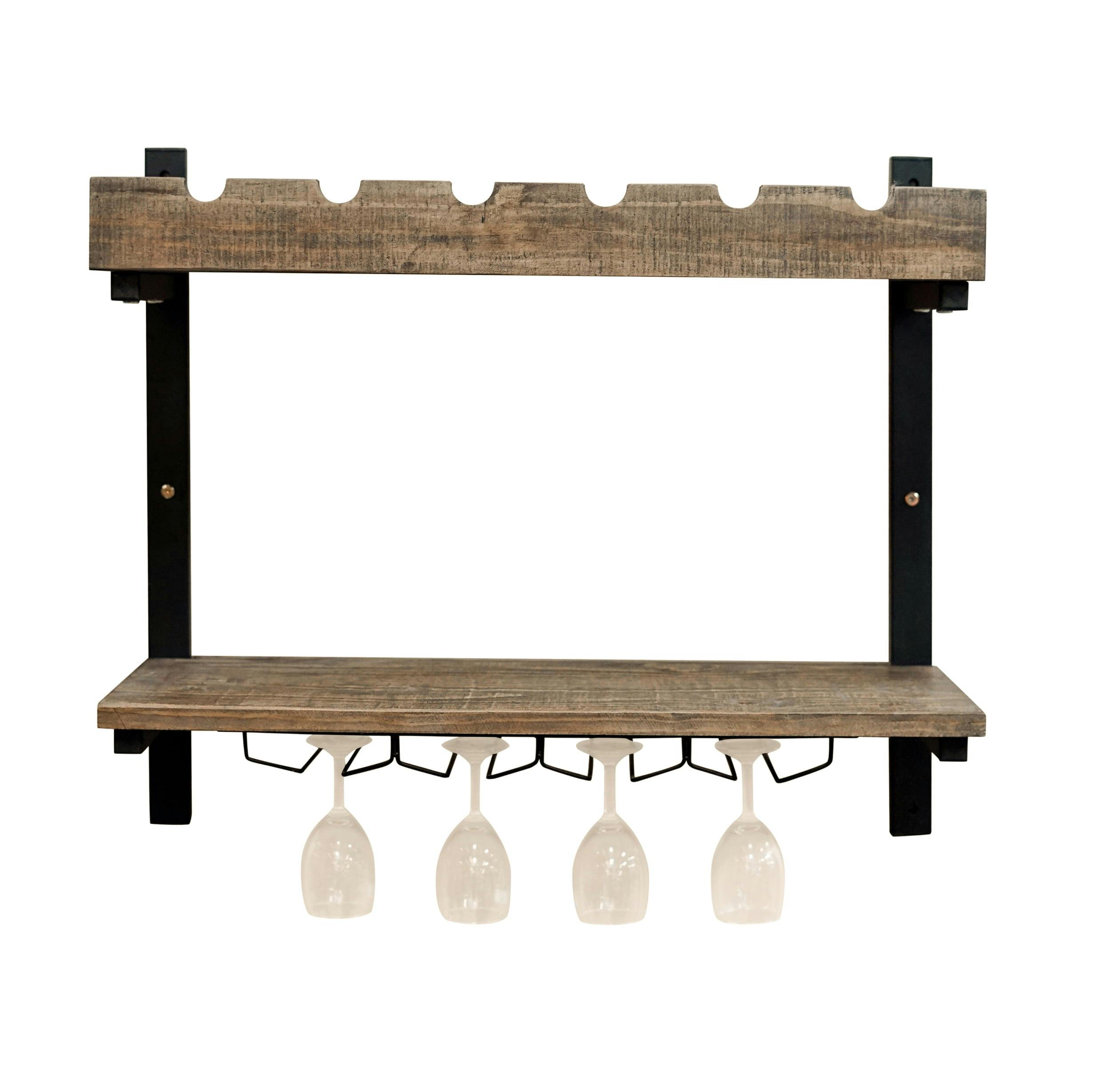 Pomona Rustic Industrial Wall-Mounted Wine Rack with Glass Storage - Brown