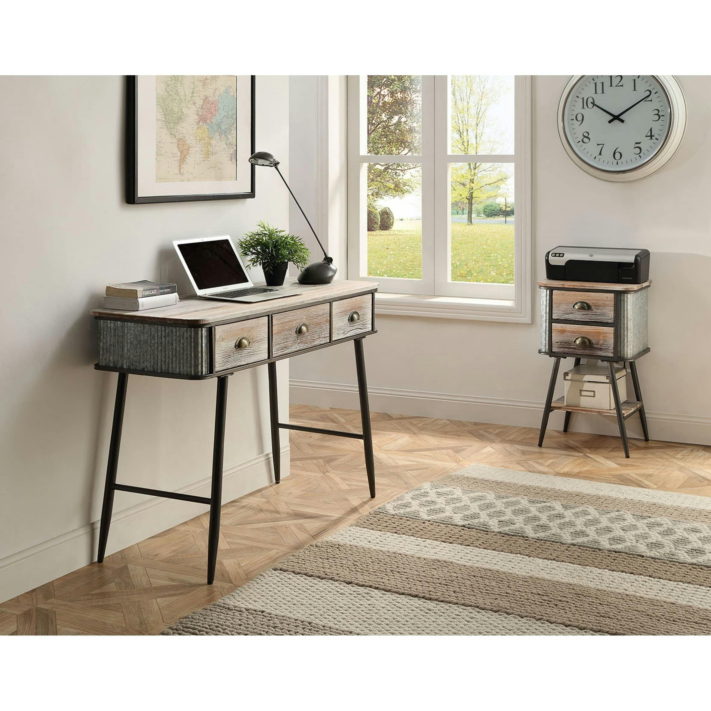 Washed Fir Wood and Black Metal 3-Drawer Desk/Table with Whitewash Finish
