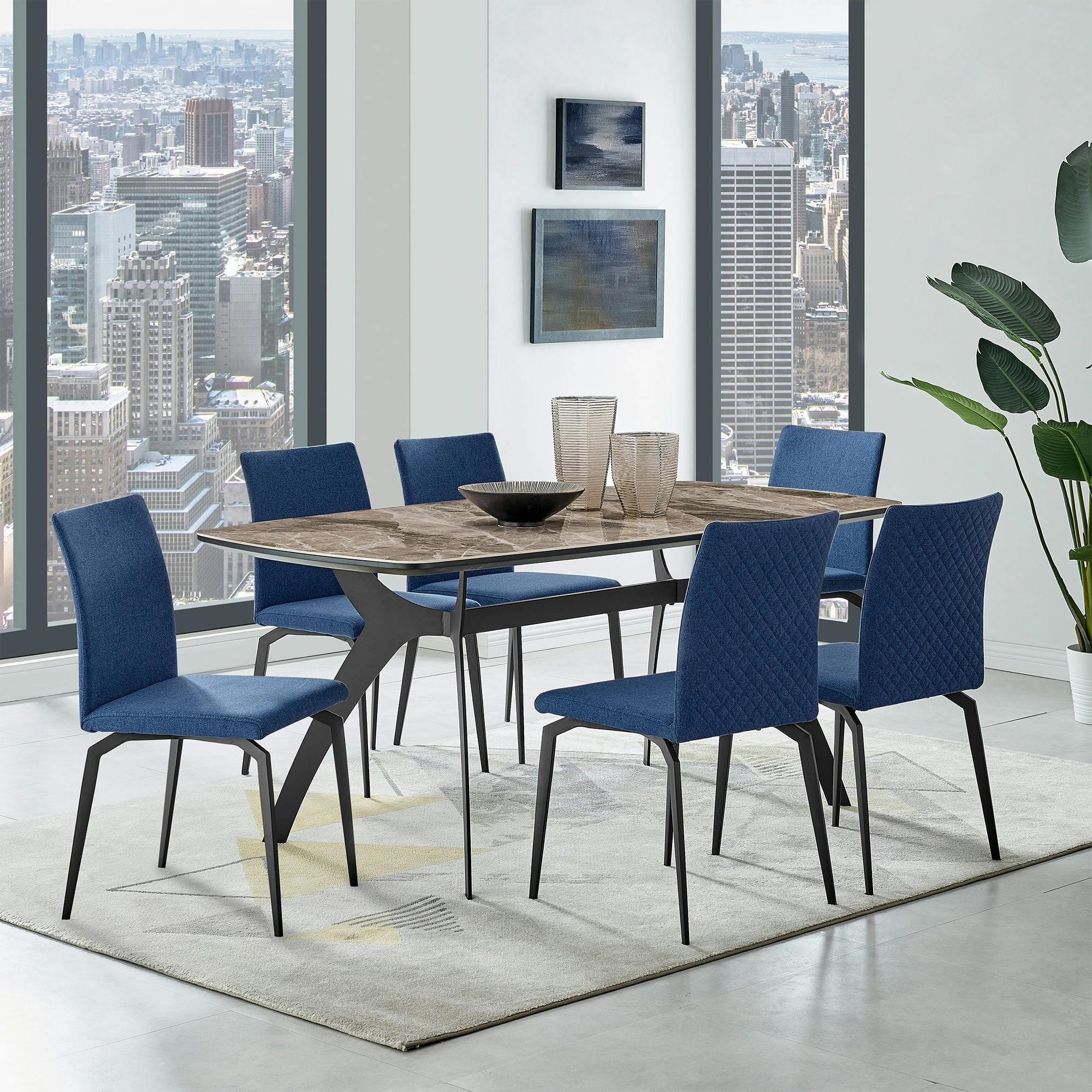 Sophisticated Andes & Lyon 7-Piece Dining Set with Blue Fabric Chairs