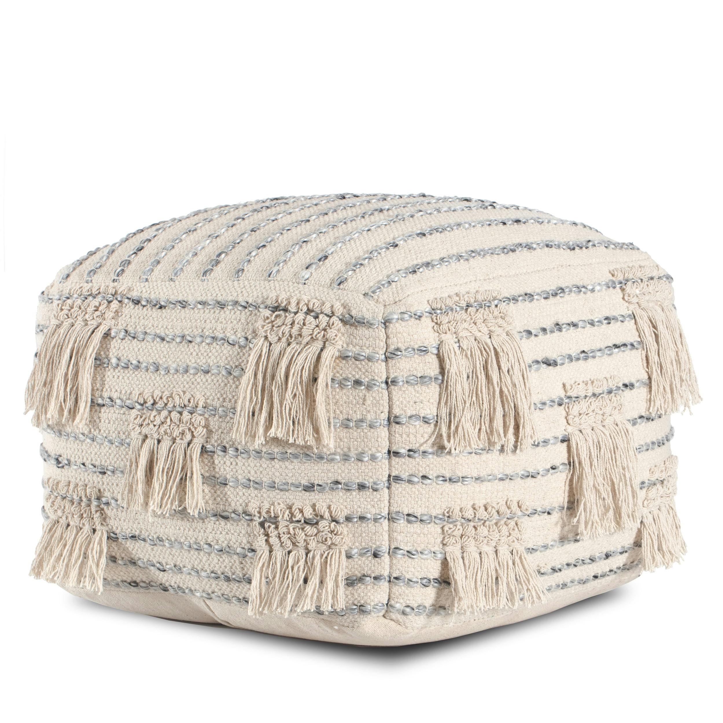 Ivory Striped Tasseled Pouf Ottoman in Soft Cotton & Luxe Polyester