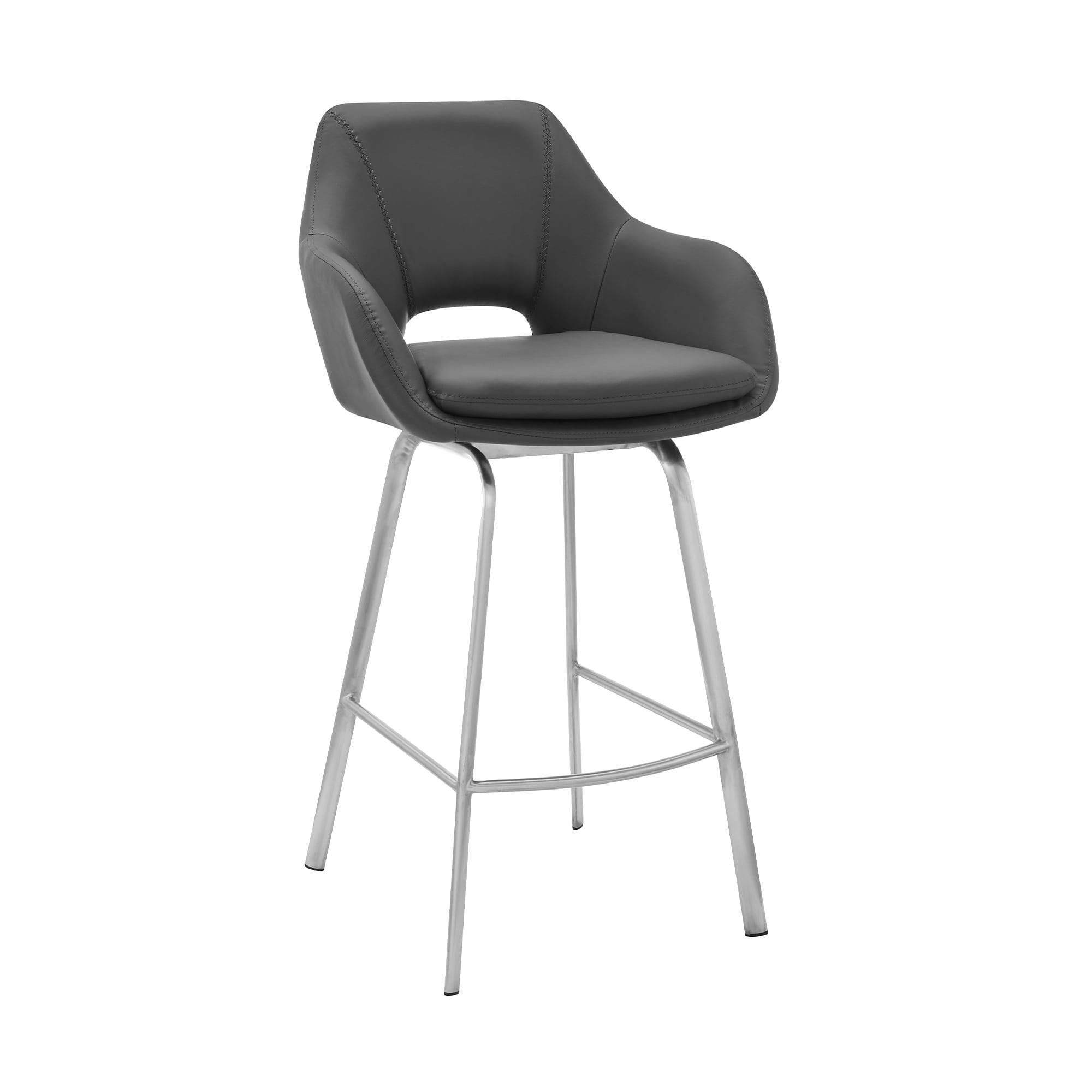 Contemporary 26" Swivel Counter Stool in Gray Leather & Stainless Steel